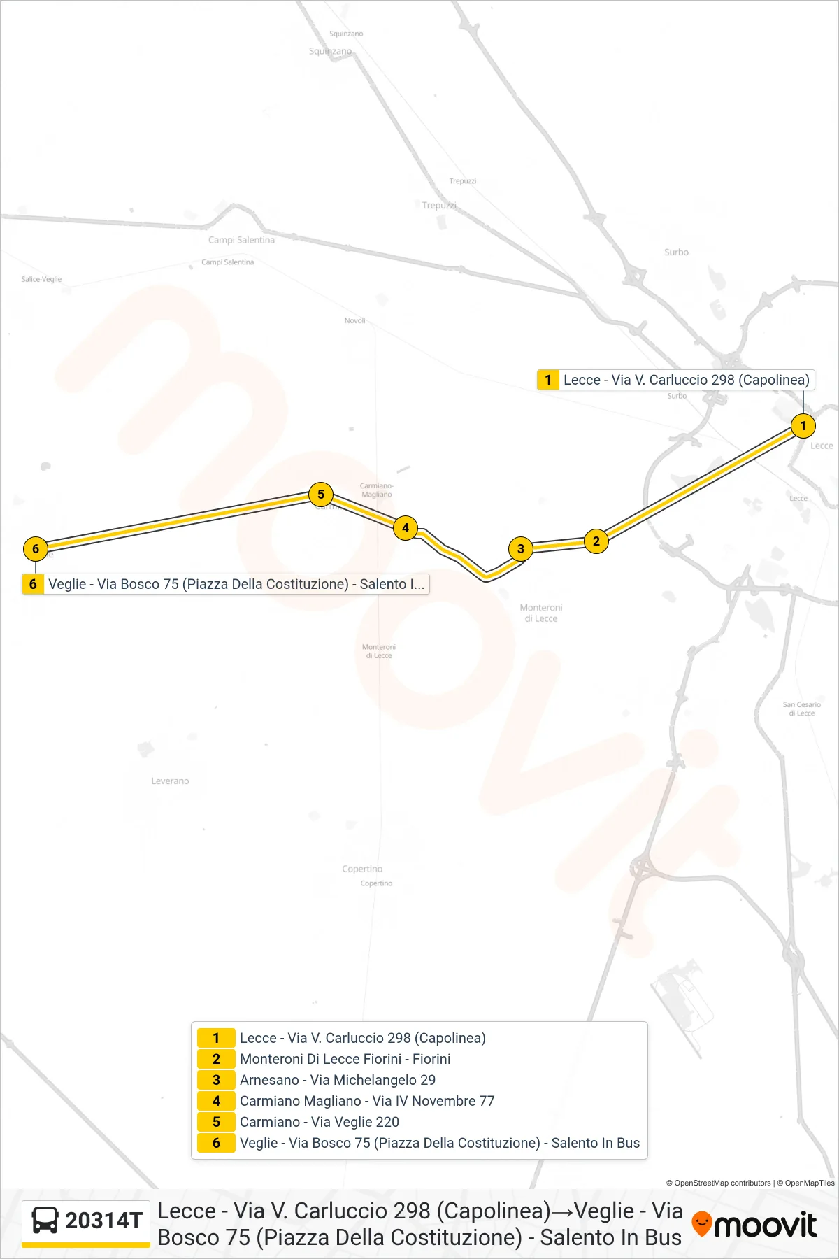 Linea 20314T bus (Lecce - Via V. Carluccio 298 (Capolinea)→Veglie - Via Bosco 75 (Piazza Della Costituzione) - Salento In Bus) - Percorsi e fermate sulla mappa