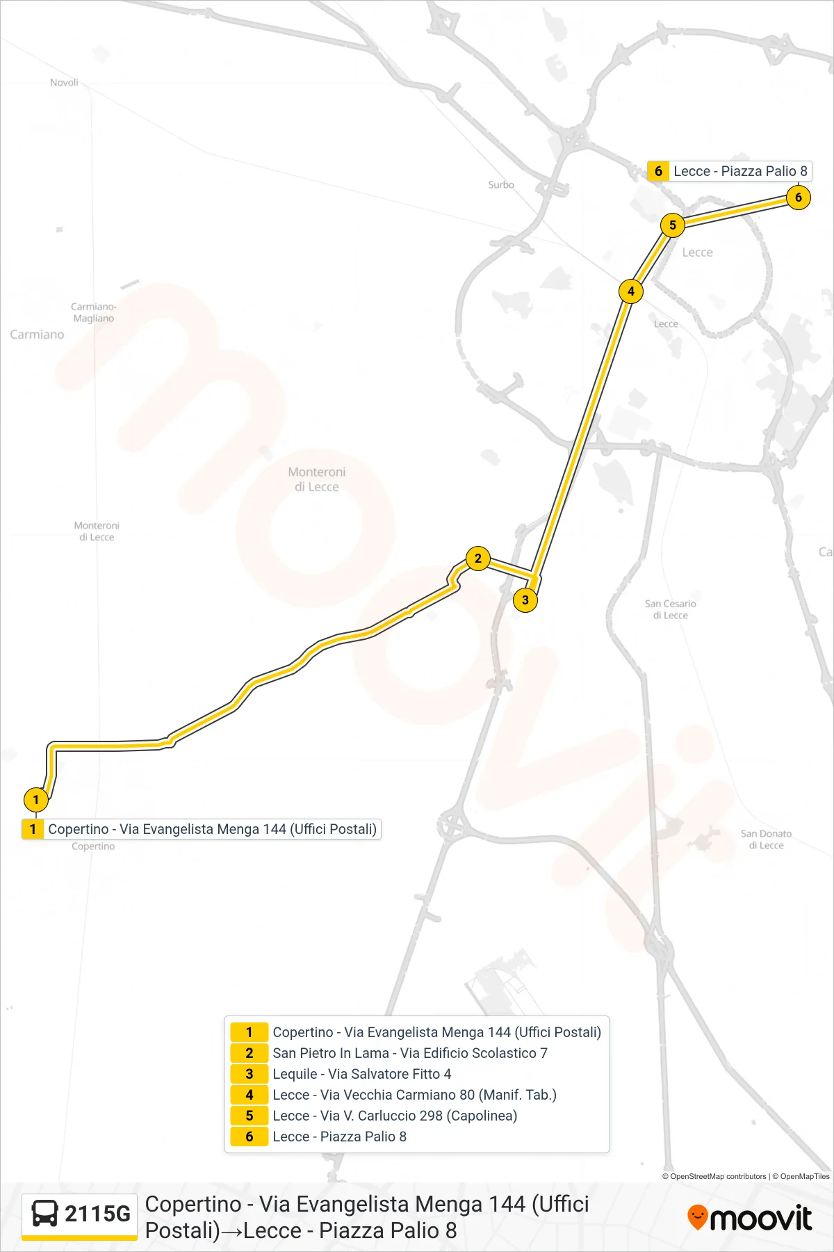 Linea 2115G  bus (Copertino - Via Evangelista Menga 144 (Uffici Postali)‎→Lecce - Piazza Palio 8) - Percorsi e fermate sulla mappa
