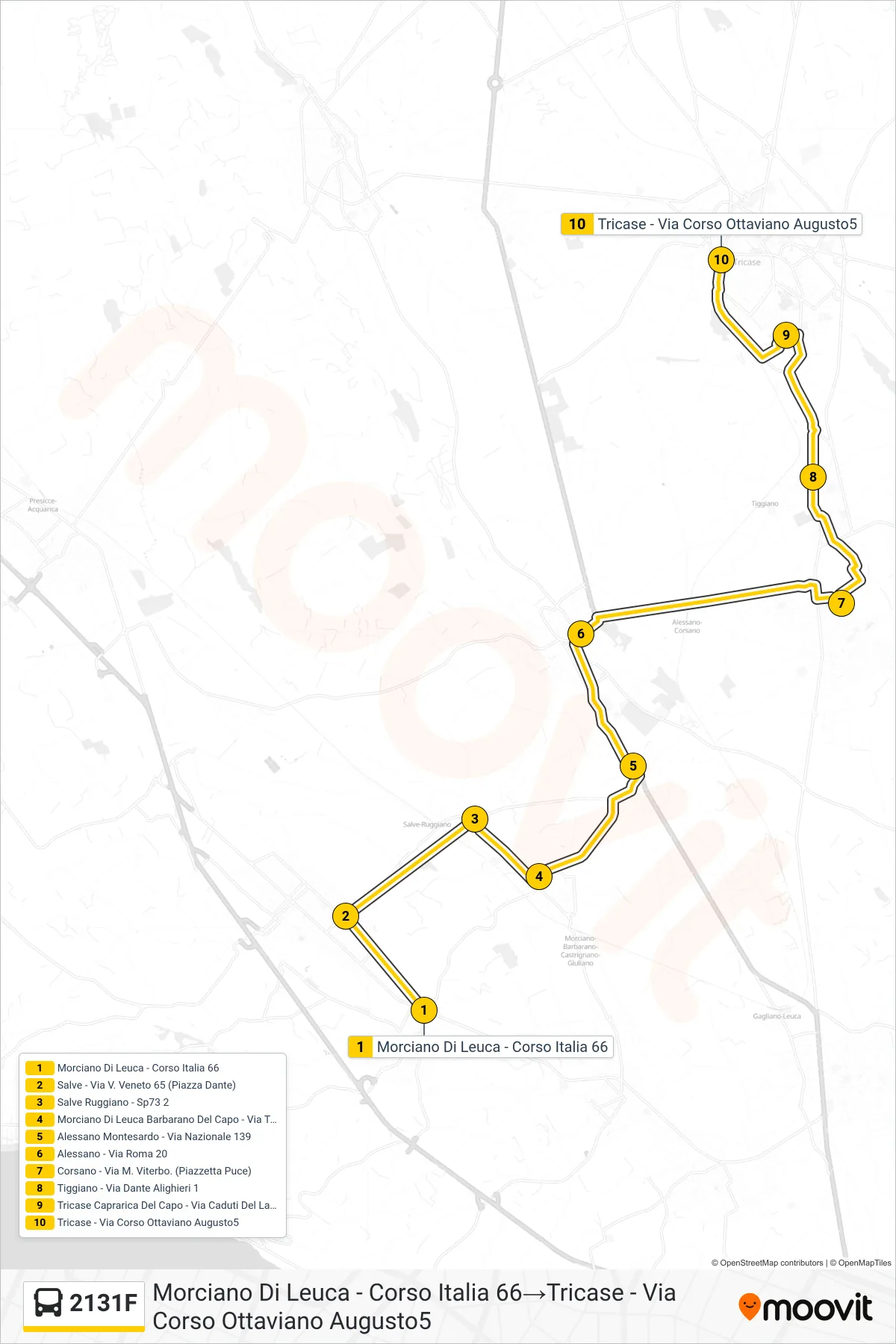 Linea 2131F bus (Morciano Di Leuca - Corso Italia 66→Tricase - Via Corso Ottaviano Augusto5) - Percorsi e fermate sulla mappa