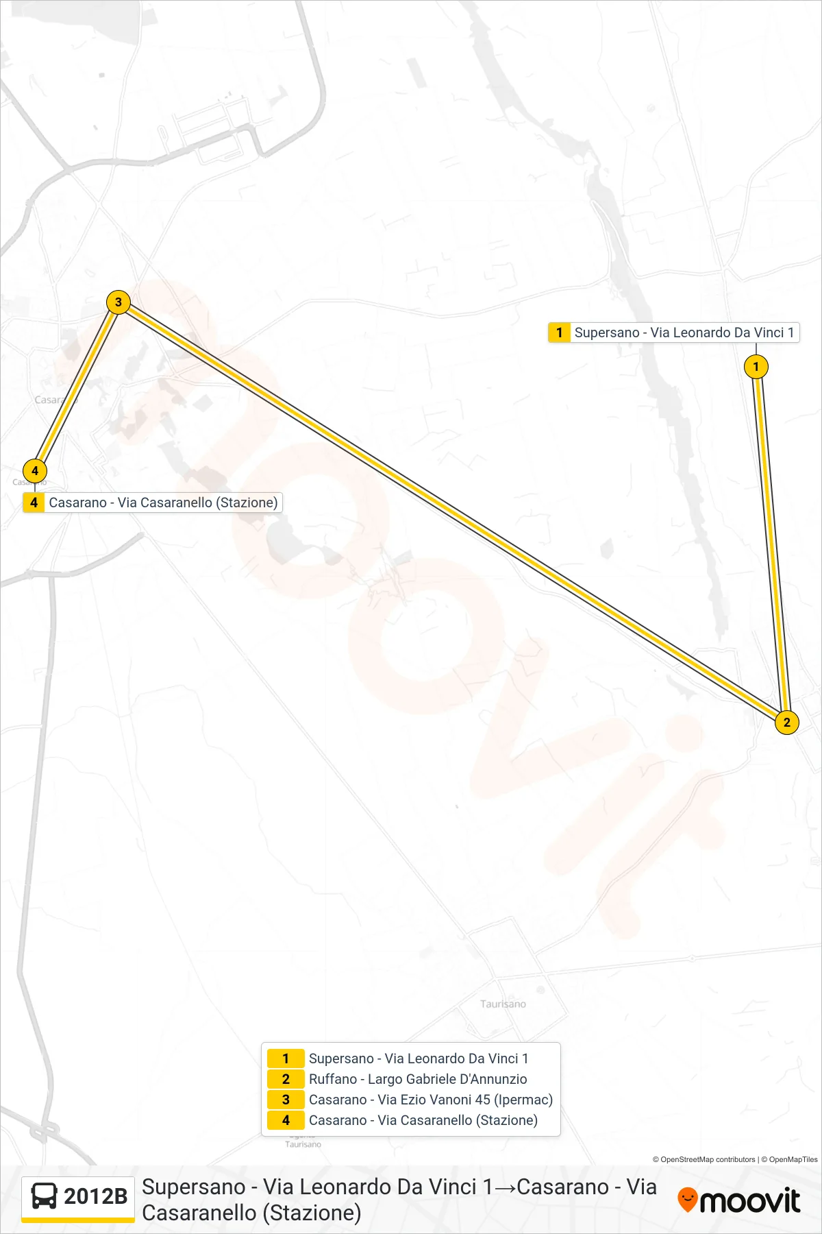Linea 2012B bus (Supersano - Via Leonardo Da Vinci 1→Casarano - Via Casaranello (Stazione)) - Percorsi e fermate sulla mappa