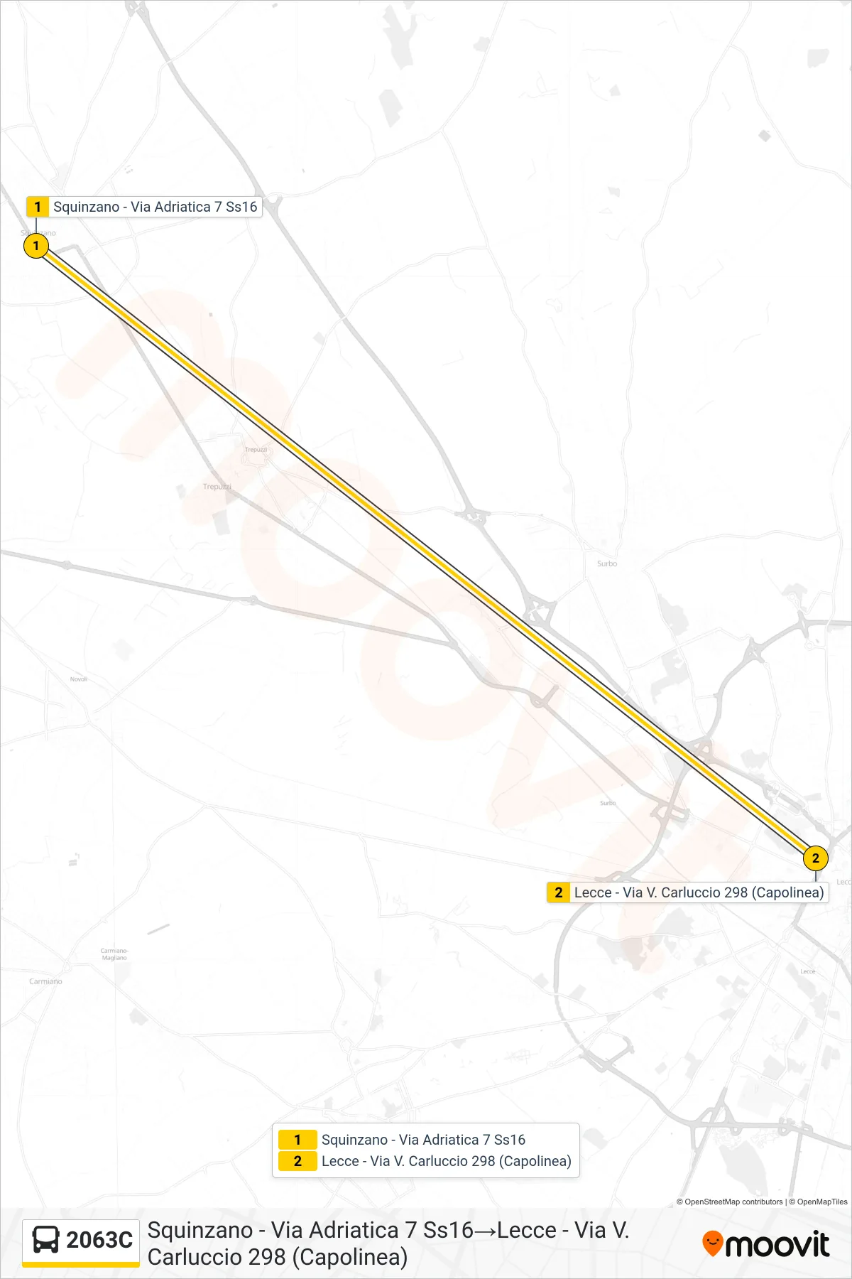 Linea 2063C bus (Squinzano - Via Adriatica 7 Ss16→Lecce - Via V. Carluccio 298 (Capolinea)) - Percorsi e fermate sulla mappa