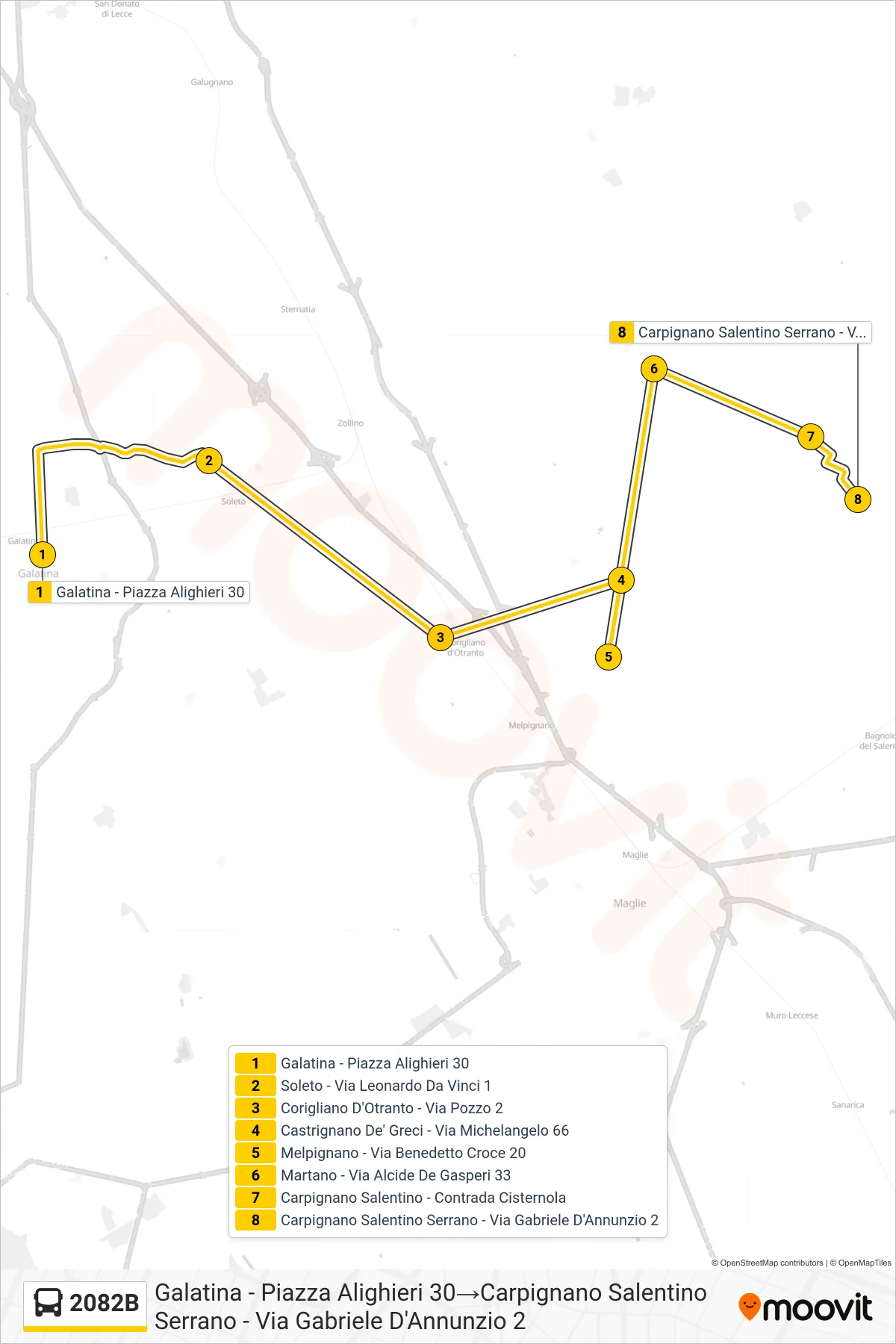 Linea 2082B bus (Galatina - Piazza Alighieri 30→Carpignano Salentino Serrano - Via Gabriele D'Annunzio 2) - Percorsi e fermate sulla mappa
