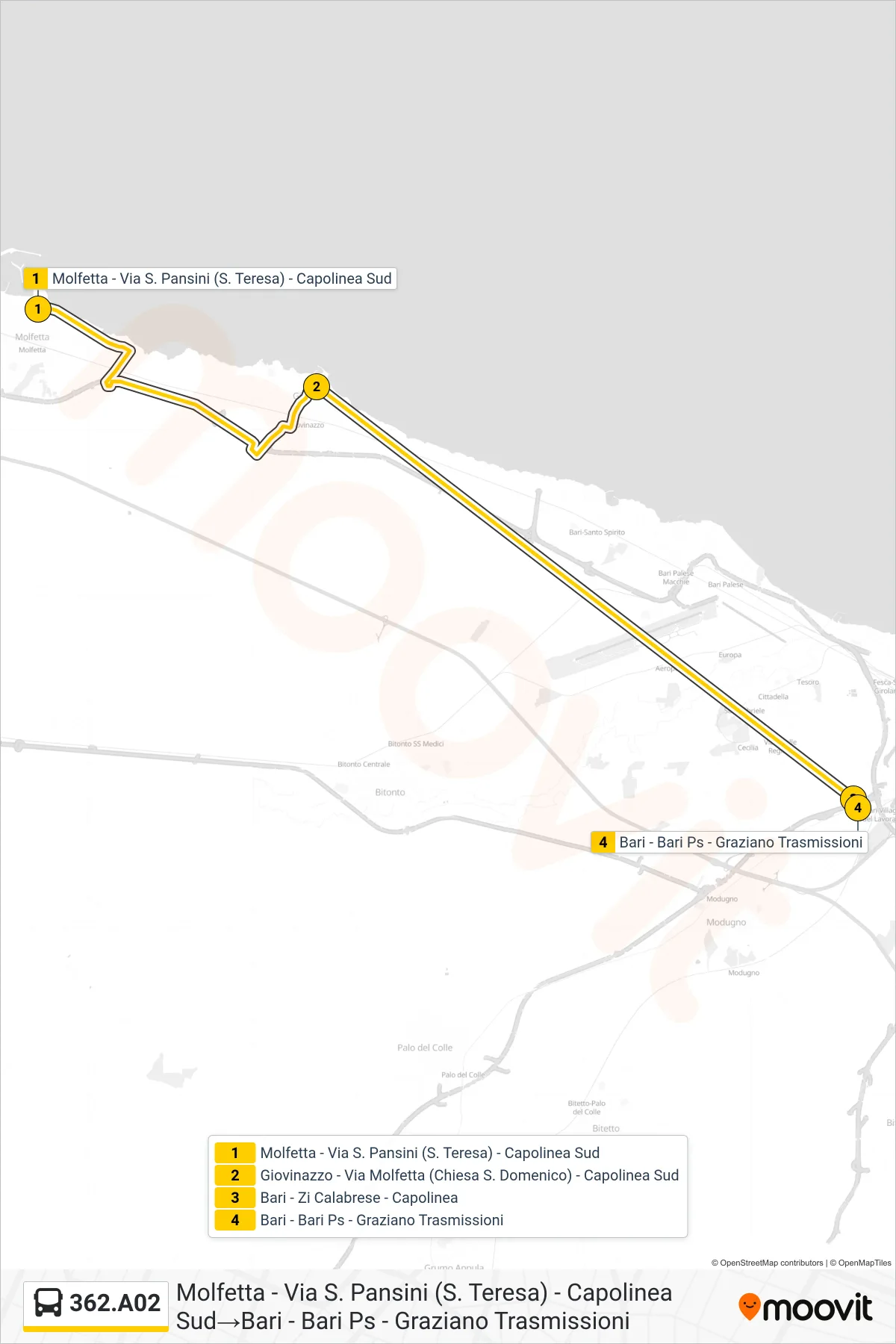 Linea 362.A02  bus (Molfetta - Via S. Pansini (S. Teresa) - Capolinea Sud‎→Bari - Bari Ps - Graziano Trasmissioni) - Percorsi e fermate sulla mappa