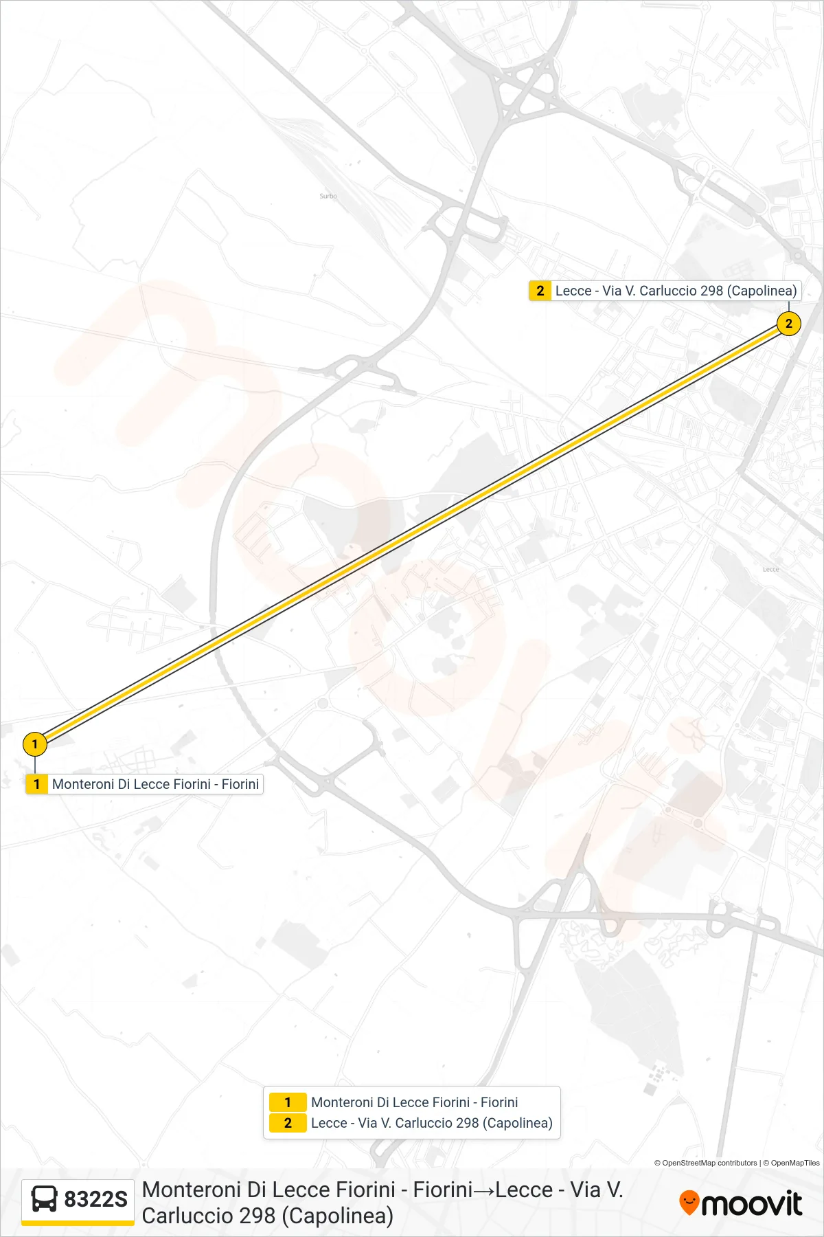 Linea 8322S bus (Monteroni Di Lecce Fiorini - Fiorini→Lecce - Via V. Carluccio 298 (Capolinea)) - Percorsi e fermate sulla mappa