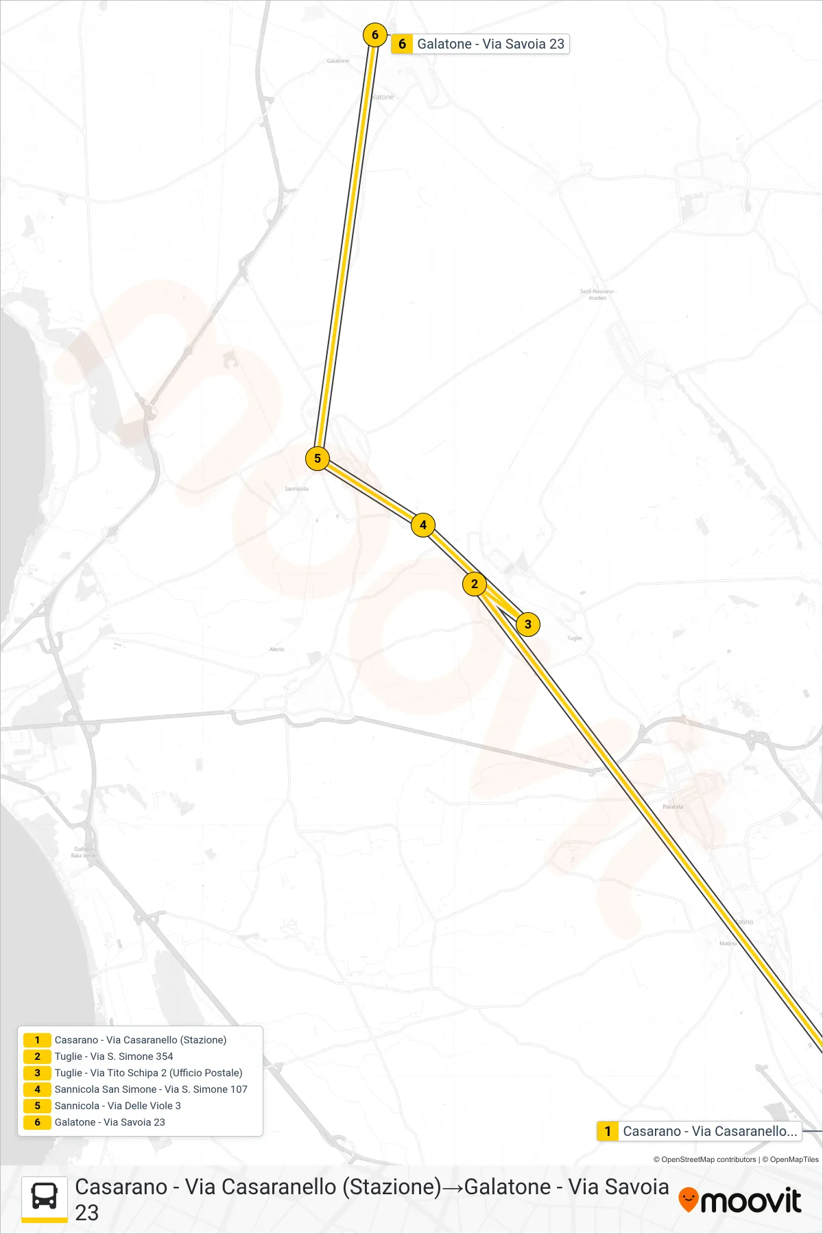Linea 2202D -2 bus (Casarano - Via Casaranello (Stazione)→Galatone - Via Savoia 23) - Percorsi e fermate sulla mappa