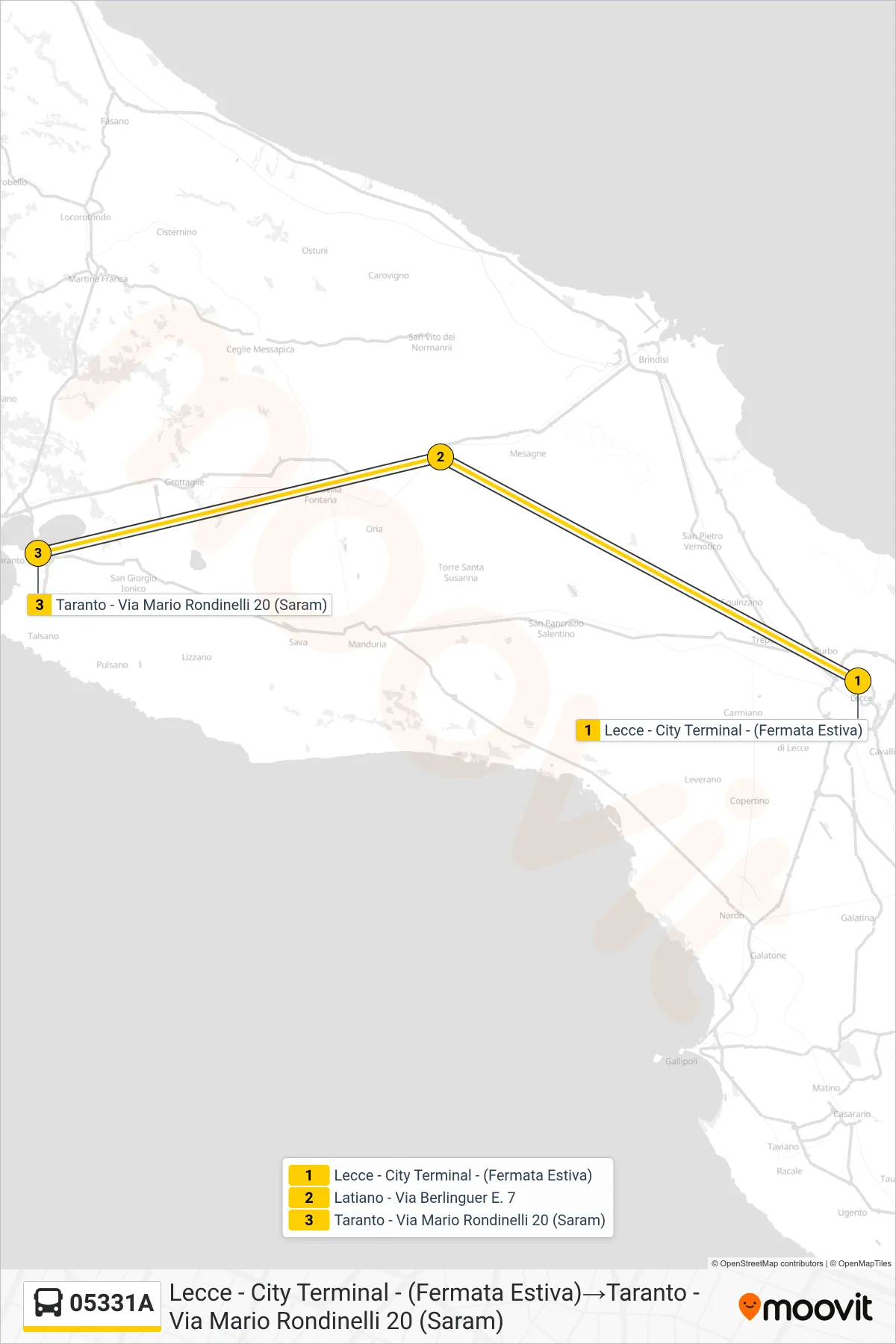 Linea 05331A  bus (Lecce - City Terminal - (Fermata Estiva)‎→Taranto - Via Mario Rondinelli 20 (Saram)) - Percorsi e fermate sulla mappa