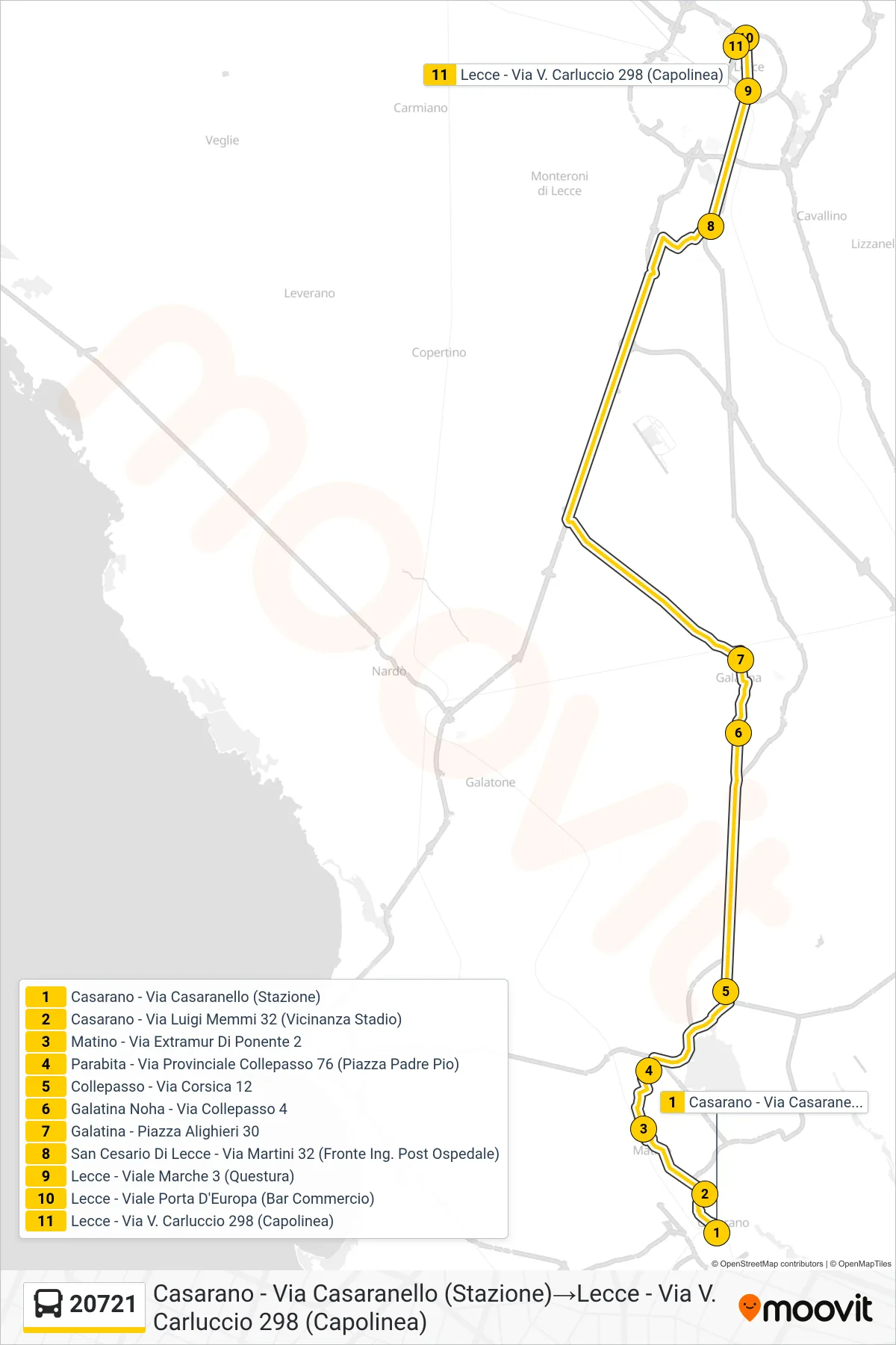 Linea 20721 bus (Casarano - Via Casaranello (Stazione)→Lecce - Via V. Carluccio 298 (Capolinea)) - Percorsi e fermate sulla mappa