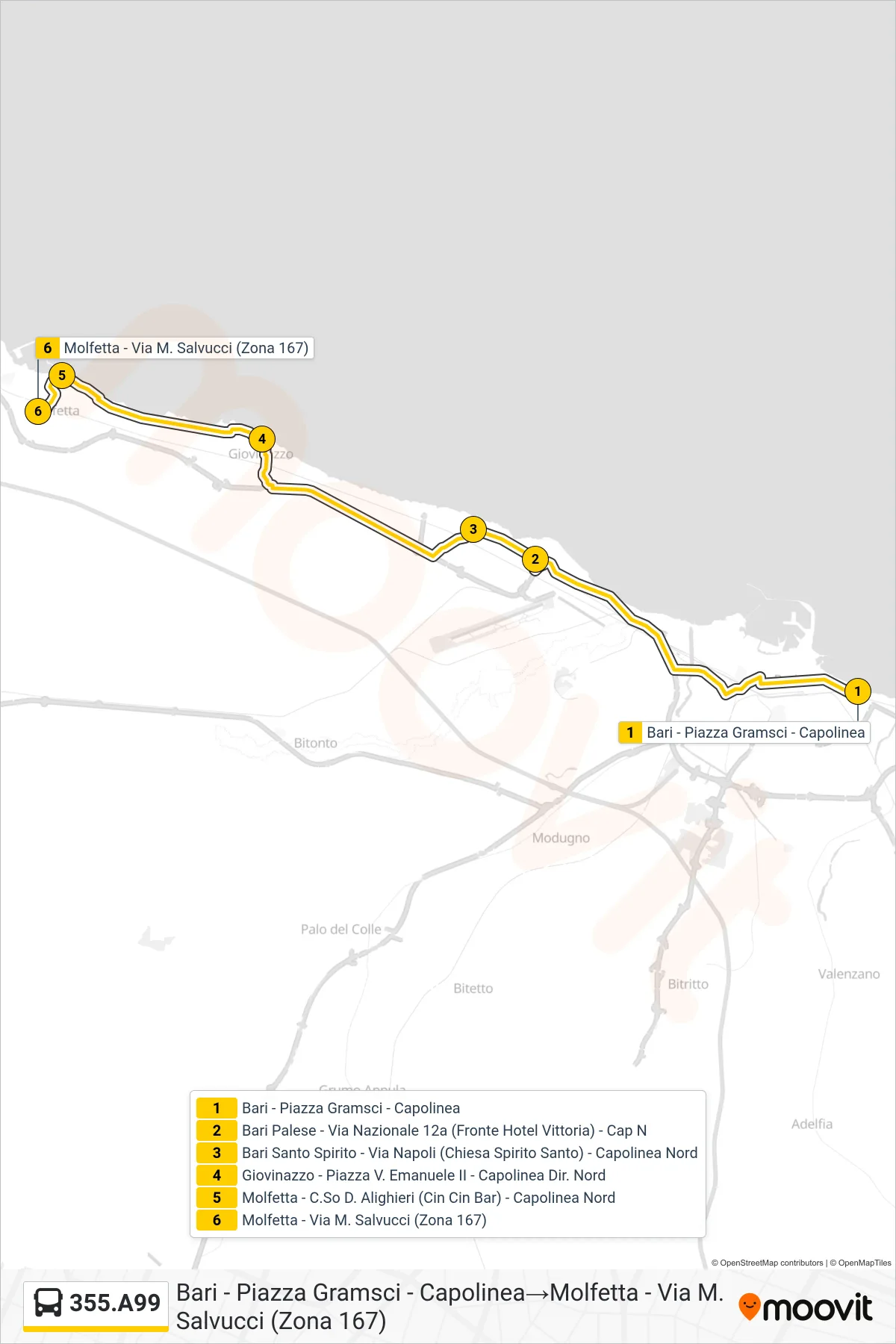Linea 355.A99  bus (Bari - Piazza Gramsci - Capolinea‎→Molfetta - Via M. Salvucci (Zona 167)) - Percorsi e fermate sulla mappa