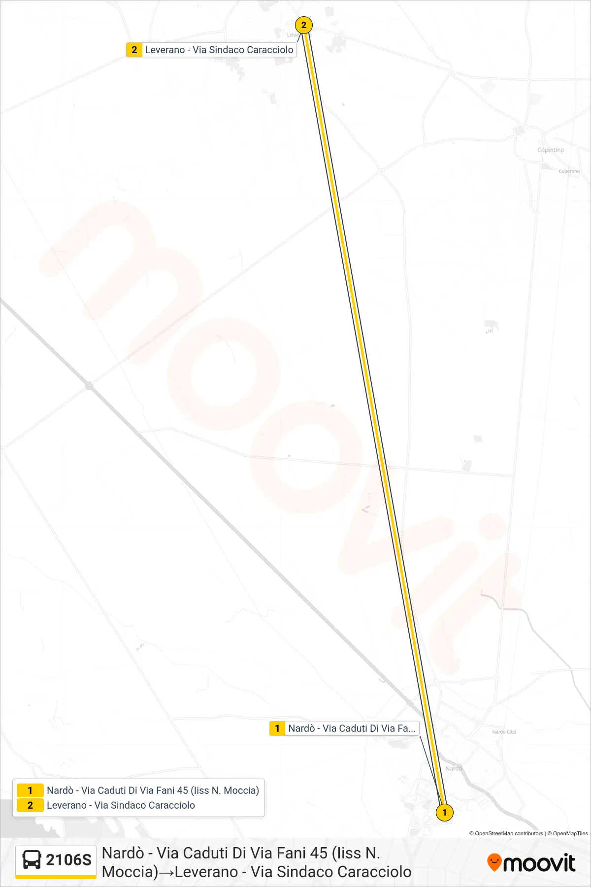 Linea 2106S  bus (Nardò - Via Caduti Di Via Fani 45 (Iiss N. Moccia)‎→Leverano - Via Sindaco Caracciolo) - Percorsi e fermate sulla mappa