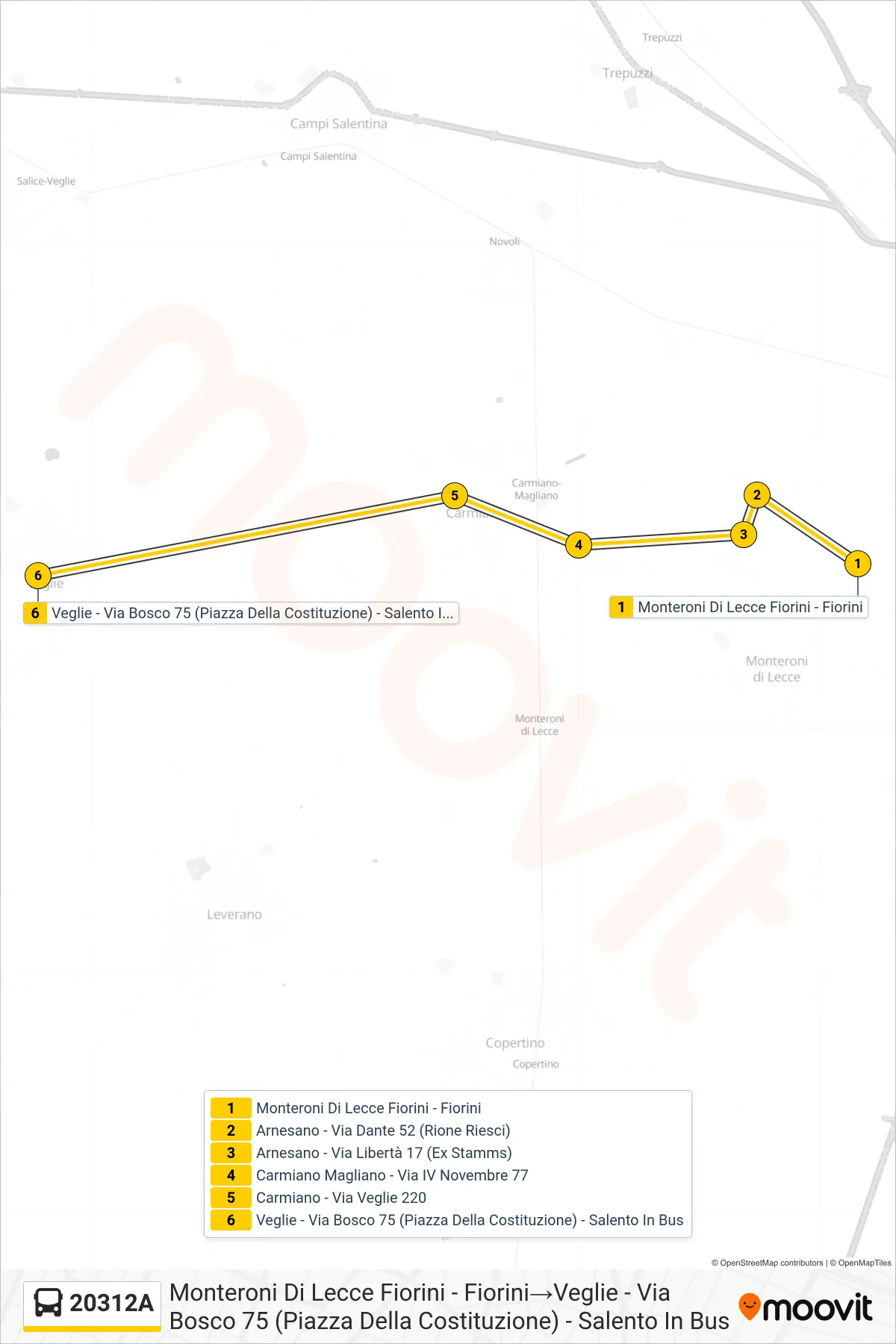 Linea 20312A  bus (Monteroni Di Lecce Fiorini - Fiorini‎→Veglie - Via Bosco 75 (Piazza Della Costituzione) - Salento In Bus) - Percorsi e fermate sulla mappa