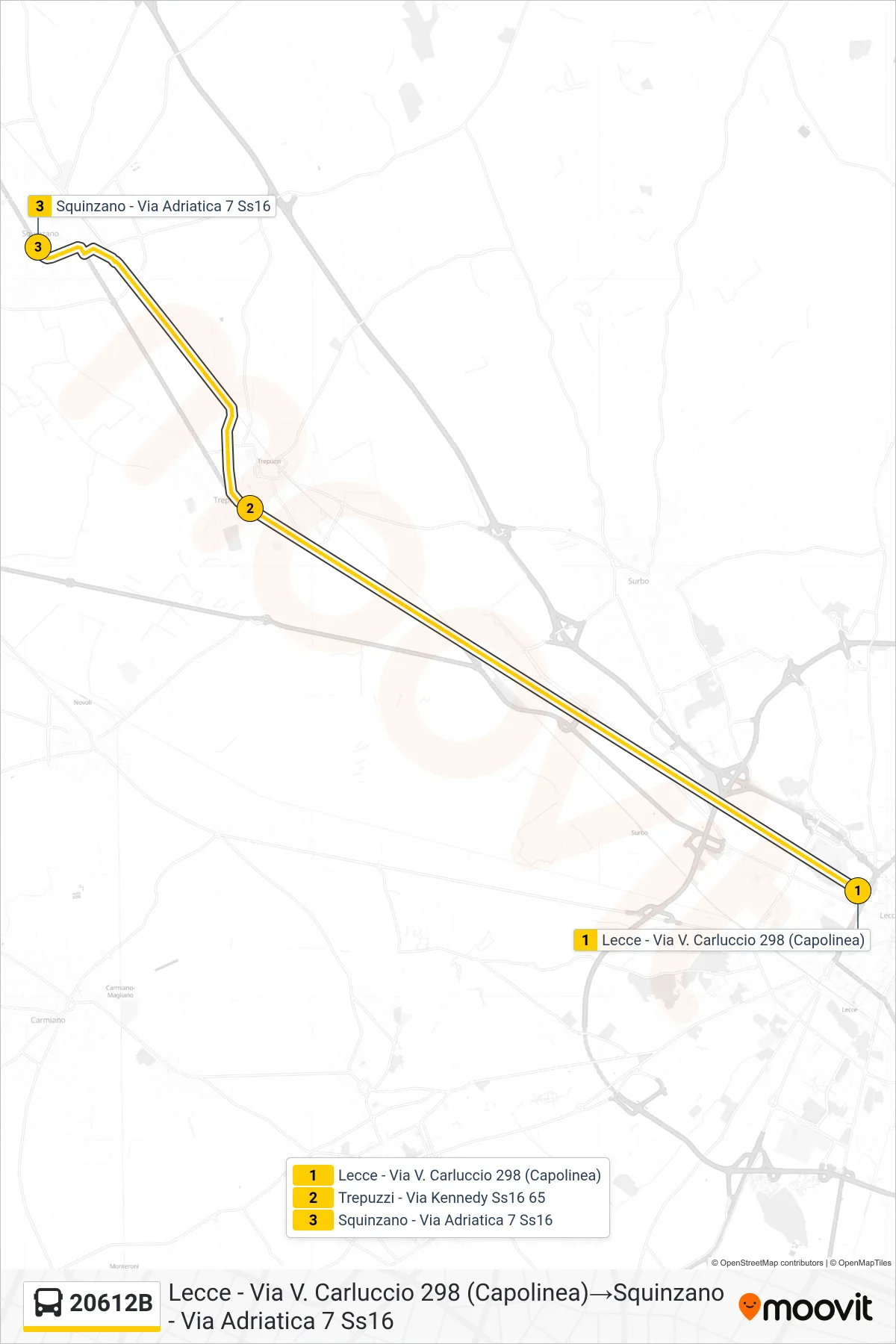 Linea 20612B bus (Lecce - Via V. Carluccio 298 (Capolinea)→Squinzano - Via Adriatica 7 Ss16) - Percorsi e fermate sulla mappa