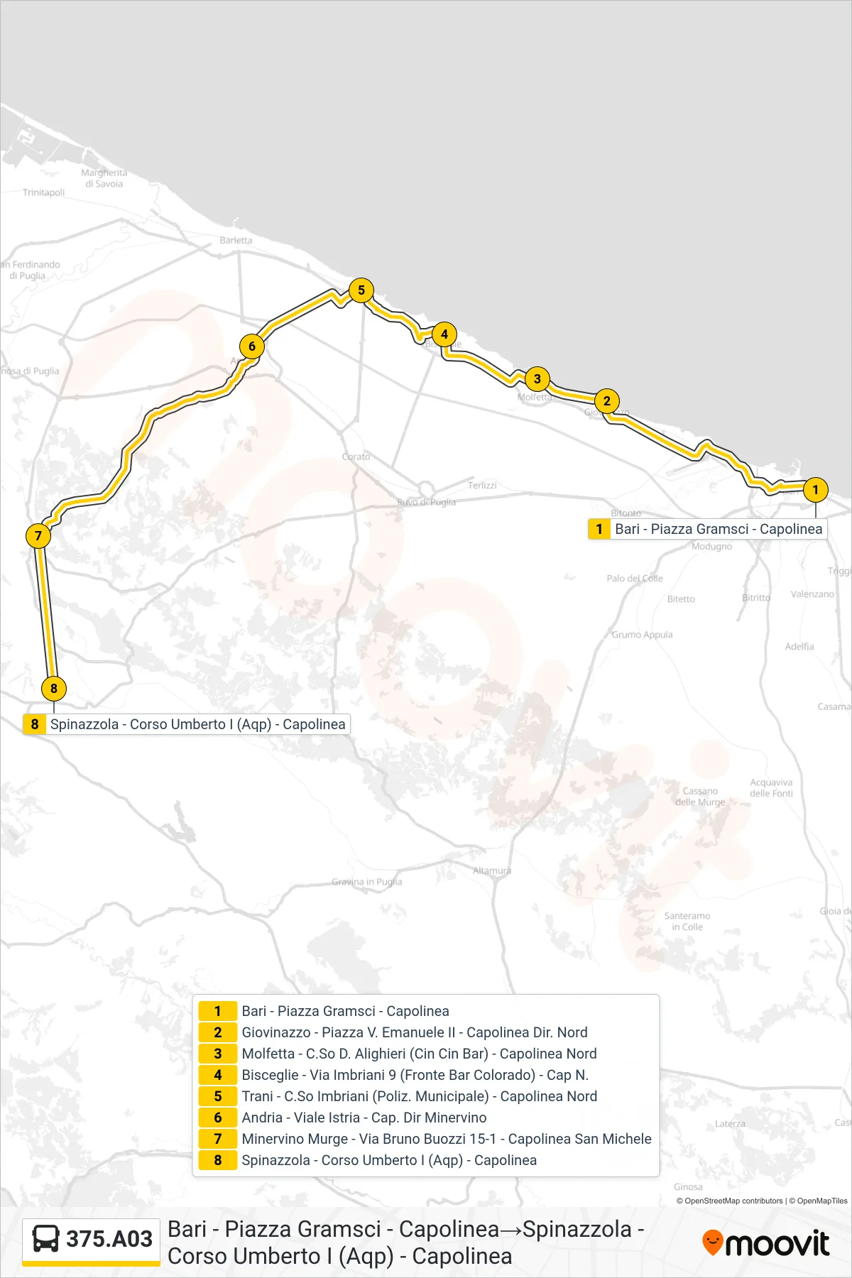 Linea 375.A03 bus (Bari - Piazza Gramsci - Capolinea→Spinazzola - Corso Umberto I (Aqp) - Capolinea) - Percorsi e fermate sulla mappa