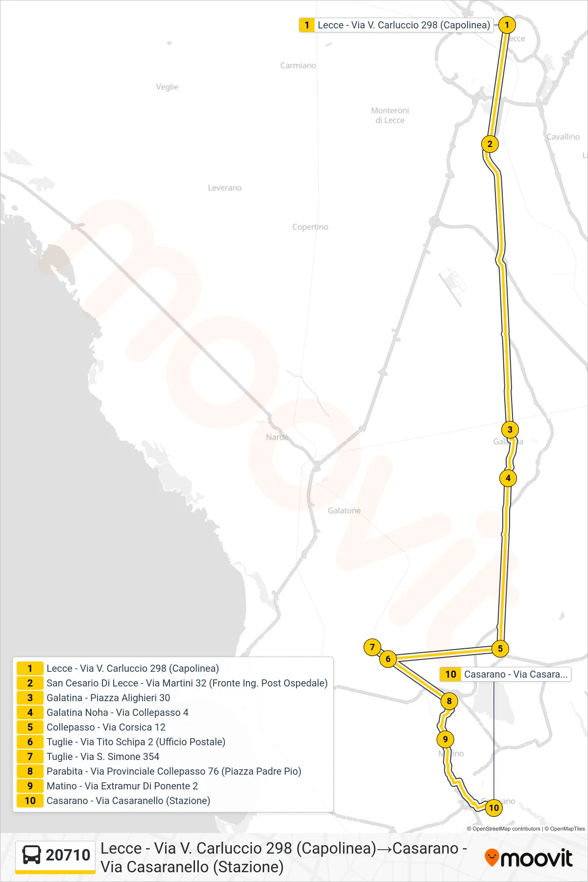 Linea 20710  bus (Lecce - Via V. Carluccio 298 (Capolinea)‎→Casarano - Via Casaranello (Stazione)) - Percorsi e fermate sulla mappa