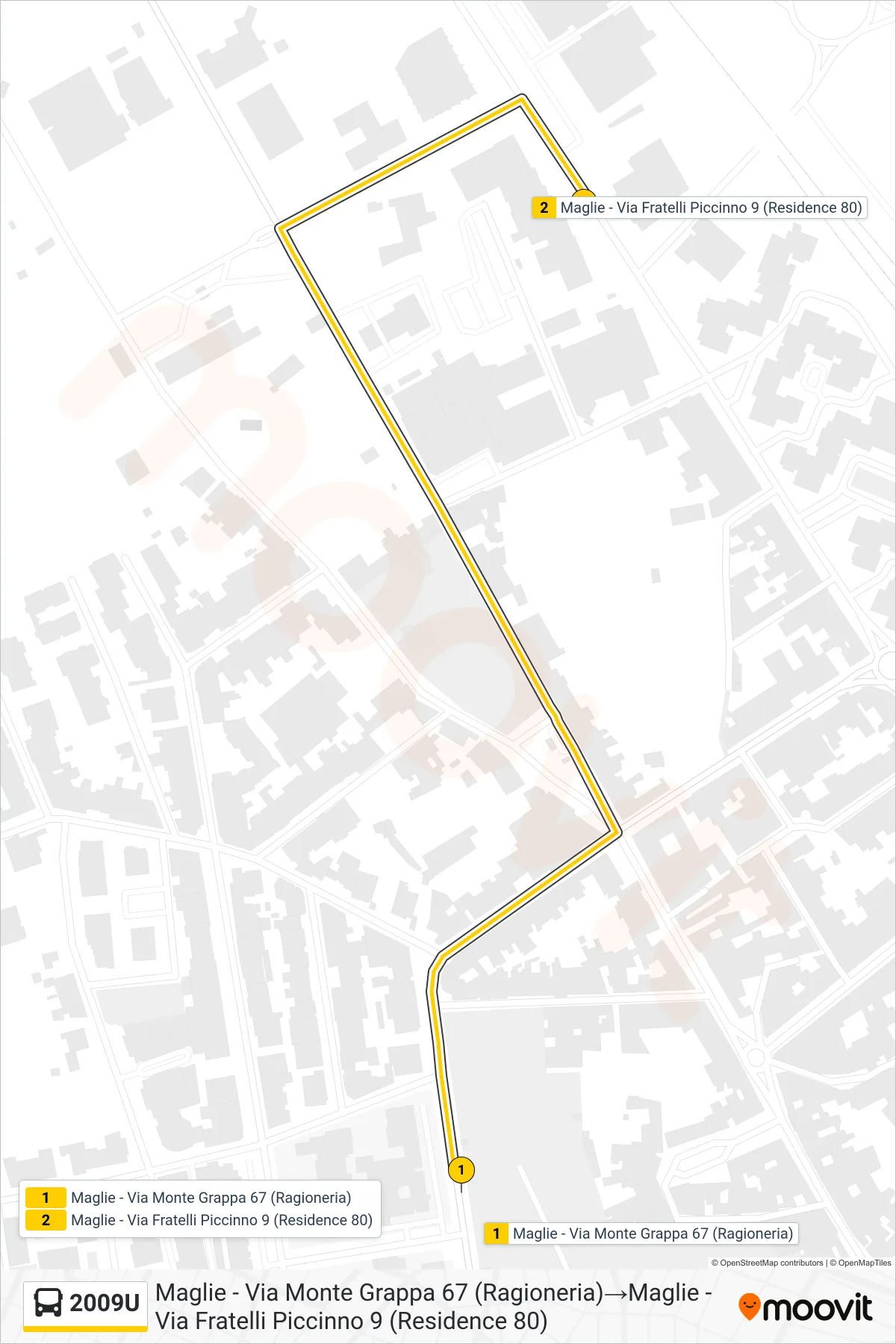 Linea 2009U bus (Maglie - Via Monte Grappa 67 (Ragioneria)→Maglie - Via Fratelli Piccinno 9 (Residence 80)) - Percorsi e fermate sulla mappa
