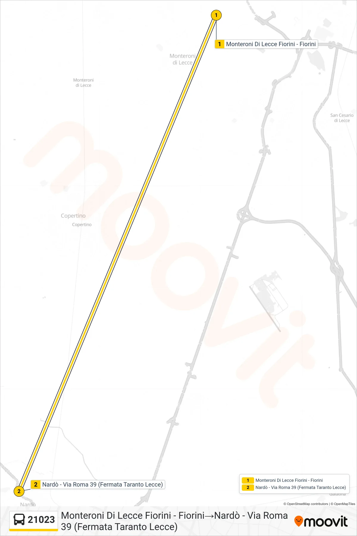 Linea 21023 bus (Monteroni Di Lecce Fiorini - Fiorini→Nardò - Via Roma 39 (Fermata Taranto Lecce)) - Percorsi e fermate sulla mappa