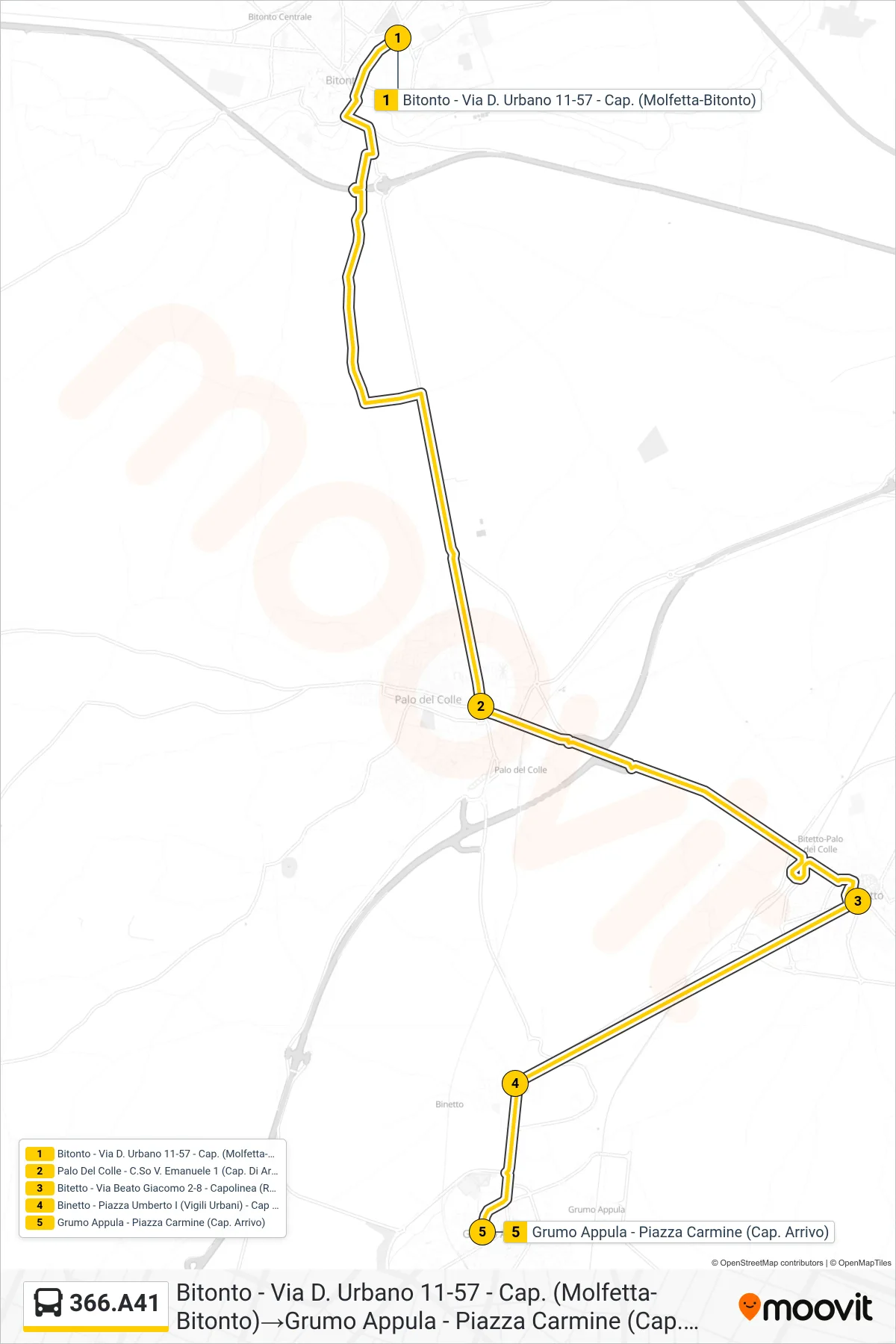 Linea 366.A41 bus (Bitonto - Via D. Urbano 11-57 - Cap. (Molfetta-Bitonto)→Grumo Appula - Piazza Carmine (Cap. Arrivo)) - Percorsi e fermate sulla mappa