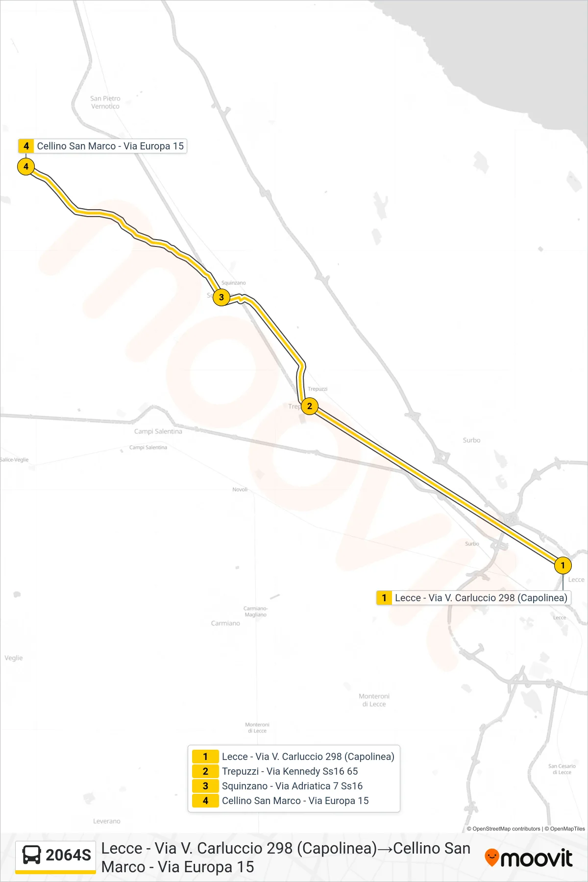 Linea 2064S bus (Lecce - Via V. Carluccio 298 (Capolinea)→Cellino San Marco - Via Europa 15) - Percorsi e fermate sulla mappa
