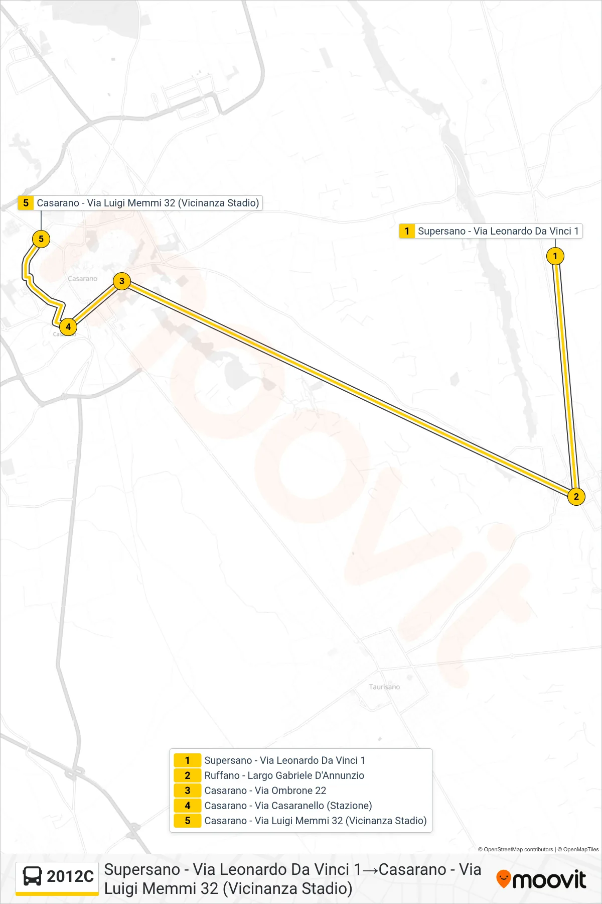 Linea 2012C bus (Supersano - Via Leonardo Da Vinci 1→Casarano - Via Luigi Memmi 32 (Vicinanza Stadio)) - Percorsi e fermate sulla mappa