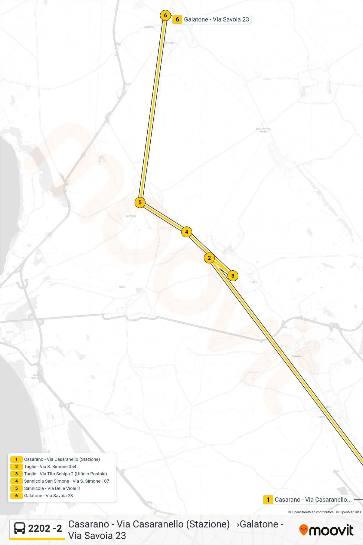 Linea 2202 -2 bus (Casarano - Via Casaranello (Stazione)→Galatone - Via Savoia 23) - Percorsi e fermate sulla mappa
