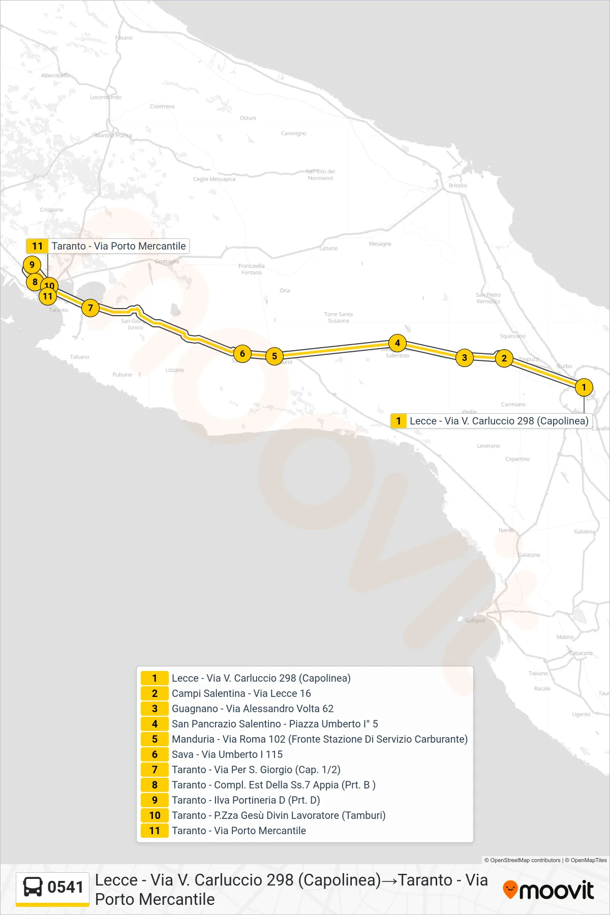 Linea 0541 bus (Lecce - Via V. Carluccio 298 (Capolinea)→Taranto - Via Porto Mercantile) - Percorsi e fermate sulla mappa