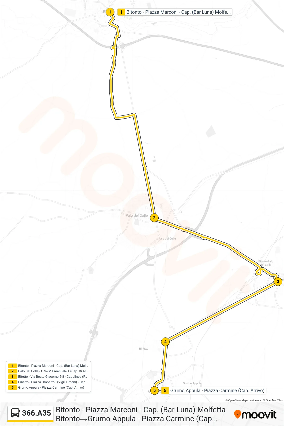 Linea 366.A35  bus (Bitonto - Piazza Marconi - Cap. (Bar Luna) Molfetta Bitonto‎→Grumo Appula - Piazza Carmine (Cap. Arrivo)) - Percorsi e fermate sulla mappa