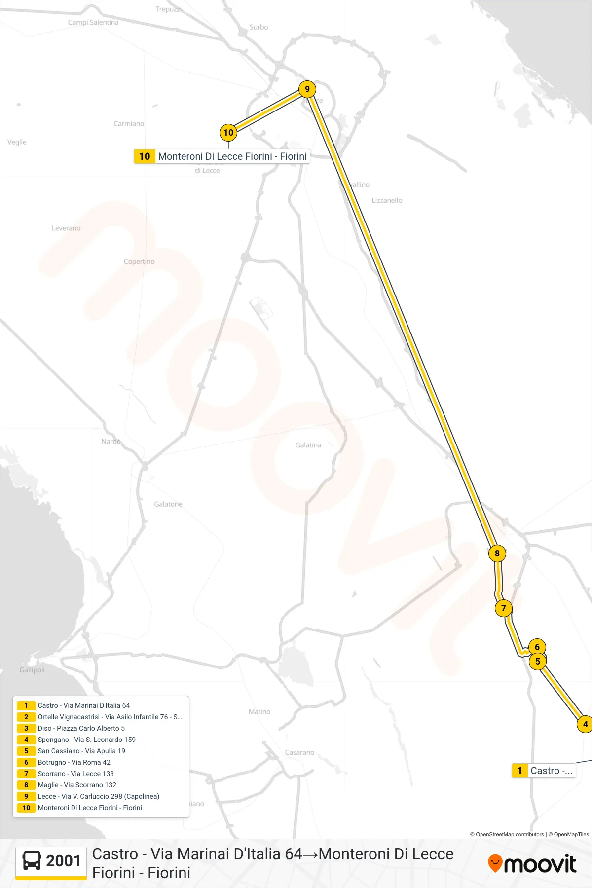 Linea 2001 bus (Castro - Via Marinai D'Italia 64→Monteroni Di Lecce Fiorini - Fiorini) - Percorsi e fermate sulla mappa