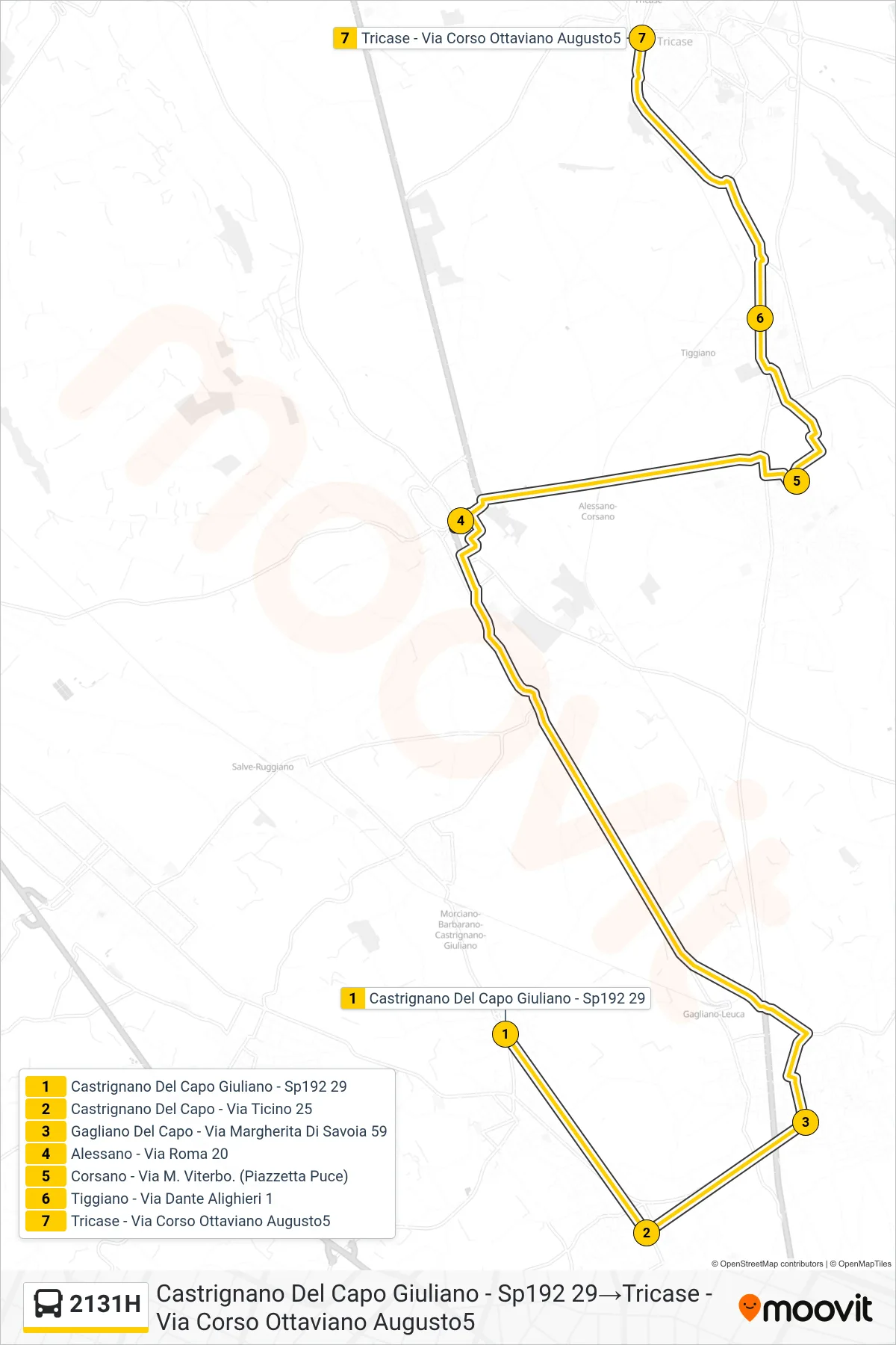 Linea 2131H  bus (Castrignano Del Capo Giuliano - Sp192 29‎→Tricase - Via Corso Ottaviano Augusto5) - Percorsi e fermate sulla mappa