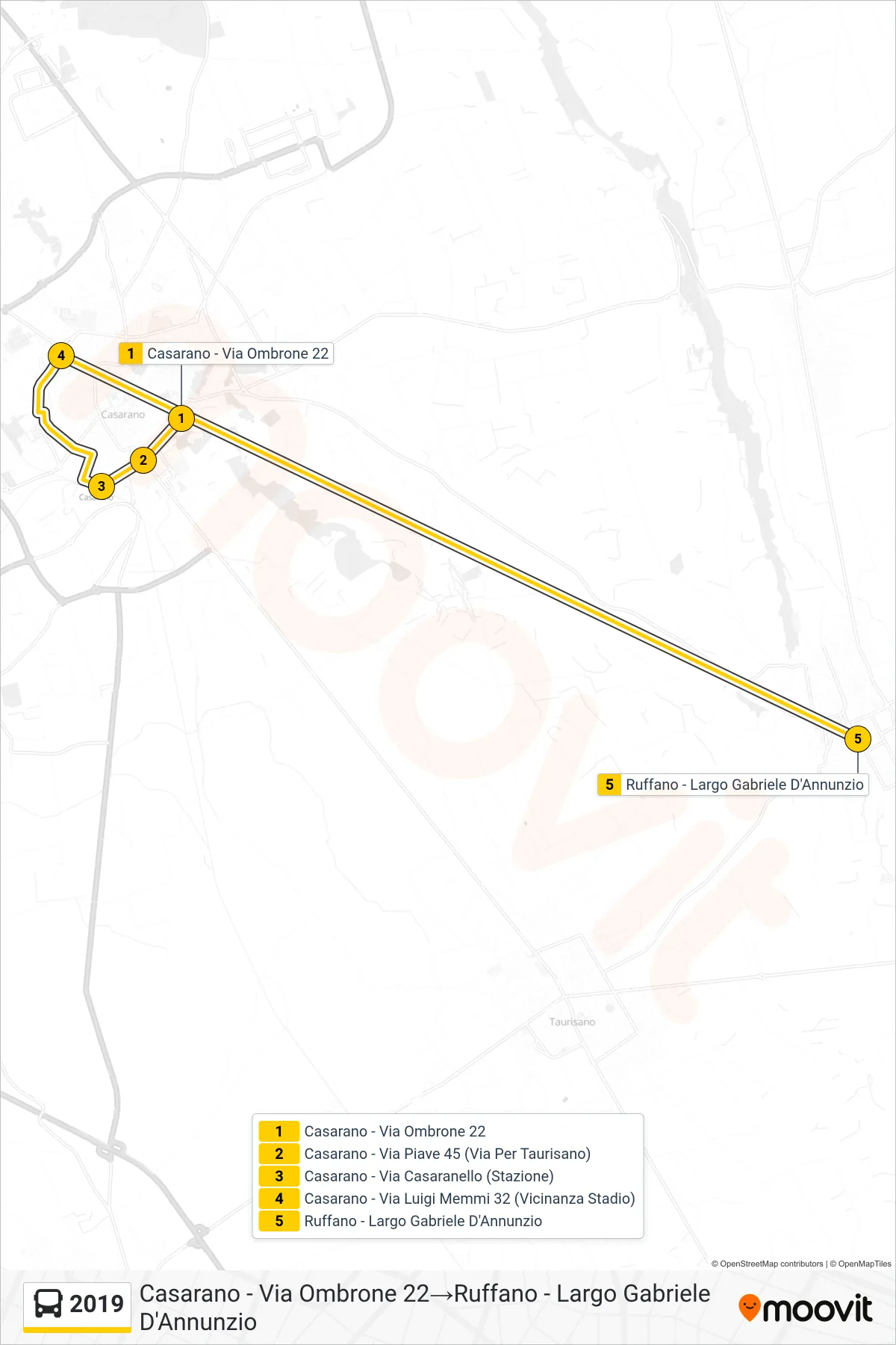 Linea 2019  bus (Casarano - Via Ombrone 22‎→Ruffano - Largo Gabriele D'Annunzio) - Percorsi e fermate sulla mappa