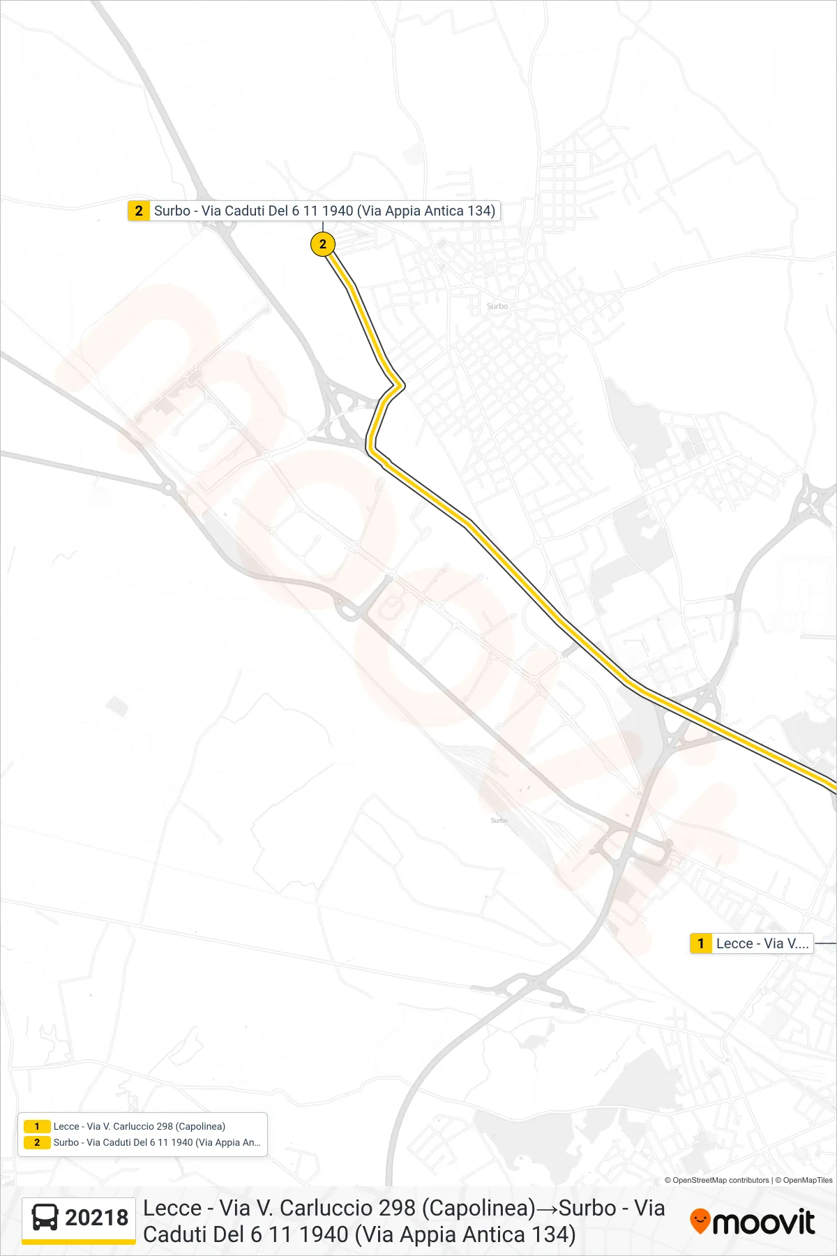 Linea 20218  bus (Lecce - Via V. Carluccio 298 (Capolinea)‎→Surbo - Via Caduti Del 6 11 1940 (Via Appia Antica 134)) - Percorsi e fermate sulla mappa