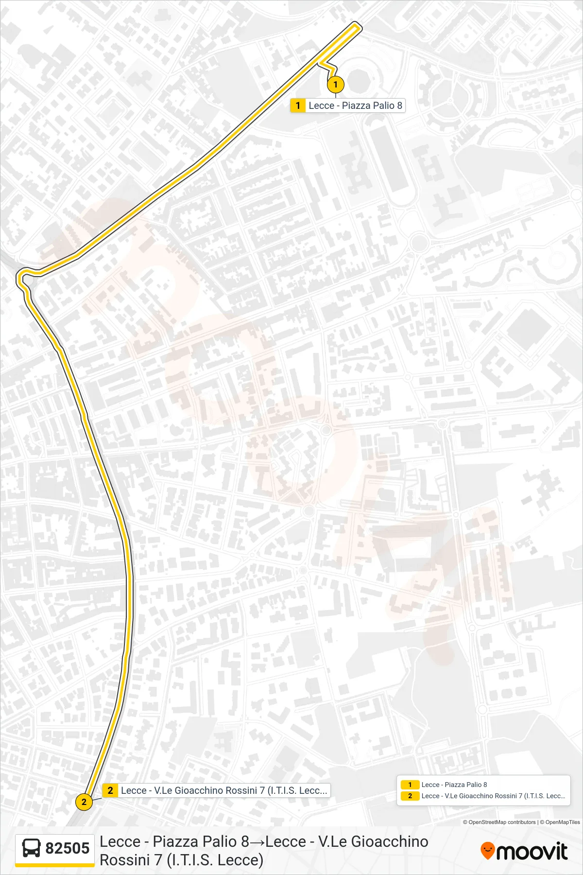 Linea 82505 bus (Lecce - Piazza Palio 8→Lecce - V.Le Gioacchino Rossini 7 (I.T.I.S. Lecce)) - Percorsi e fermate sulla mappa