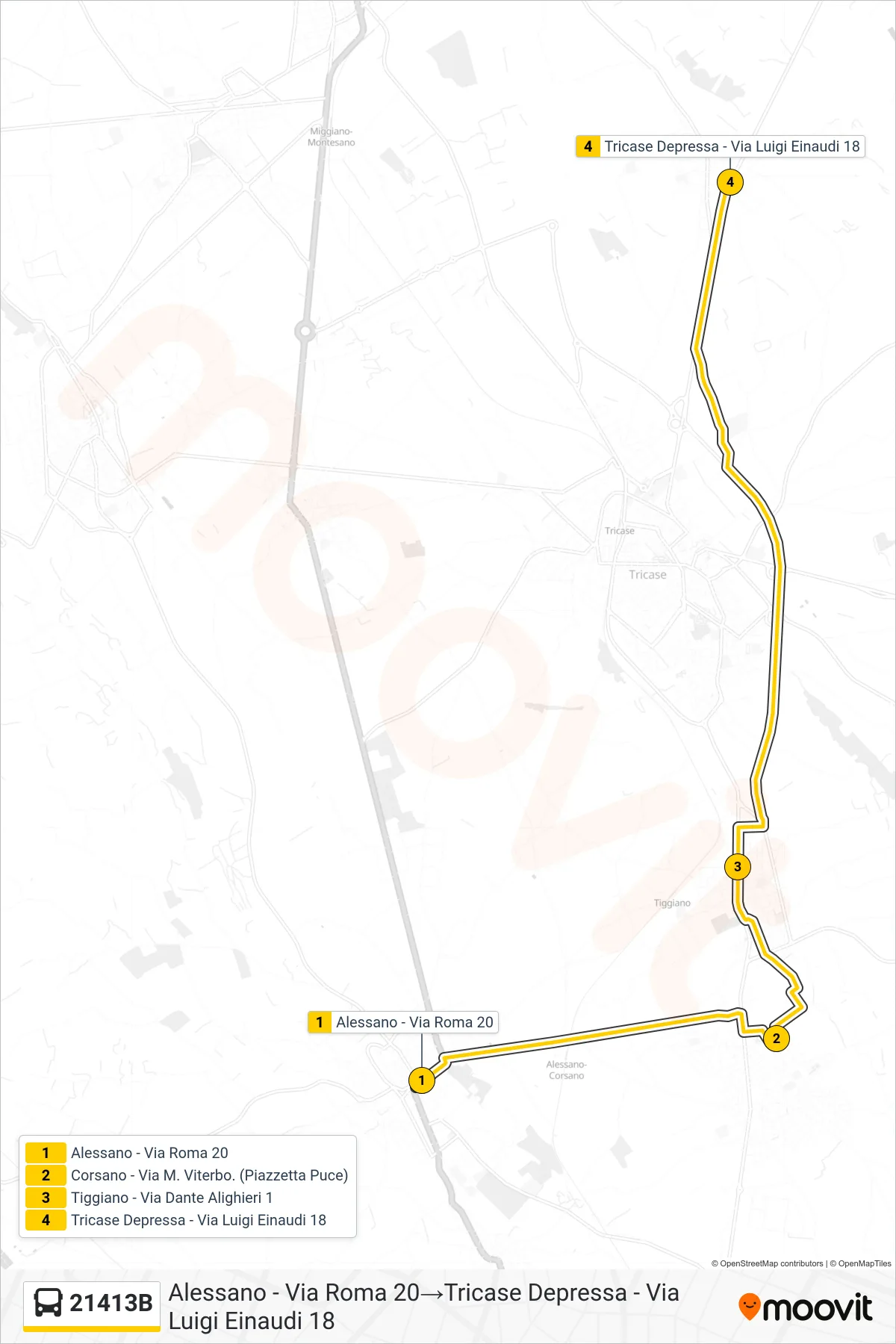 Linea 21413B bus (Alessano - Via Roma 20→Tricase Depressa - Via Luigi Einaudi 18) - Percorsi e fermate sulla mappa