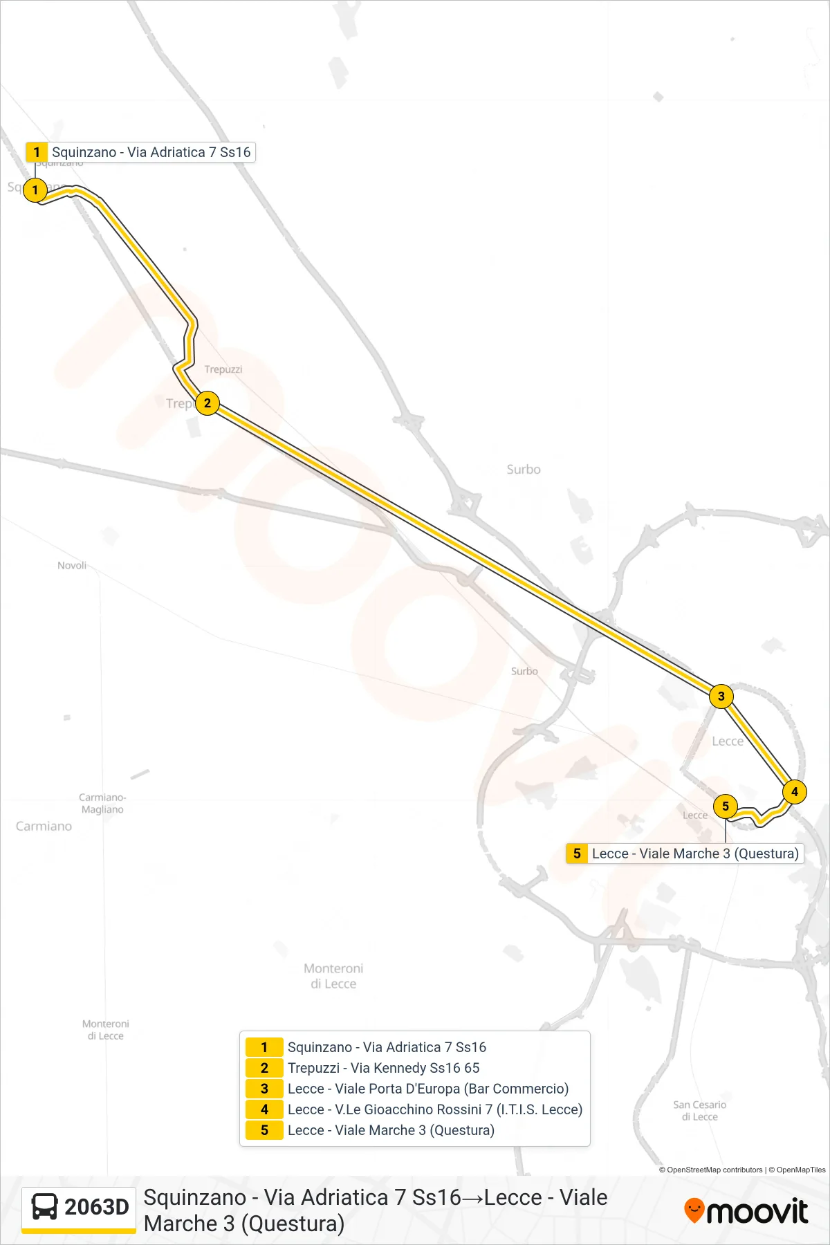 Linea 2063D bus (Squinzano - Via Adriatica 7 Ss16→Lecce - Viale Marche 3 (Questura)) - Percorsi e fermate sulla mappa