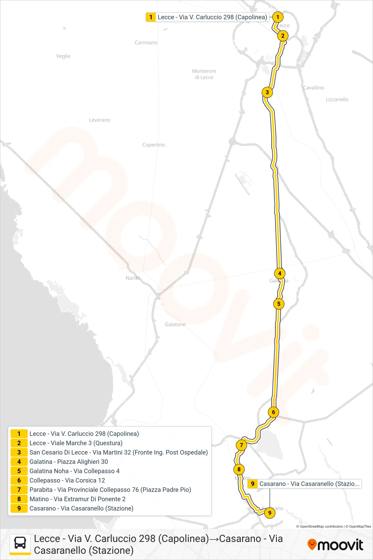 Linea 0014C - F bus (Lecce - Via V. Carluccio 298 (Capolinea)→Casarano - Via Casaranello (Stazione)) - Percorsi e fermate sulla mappa
