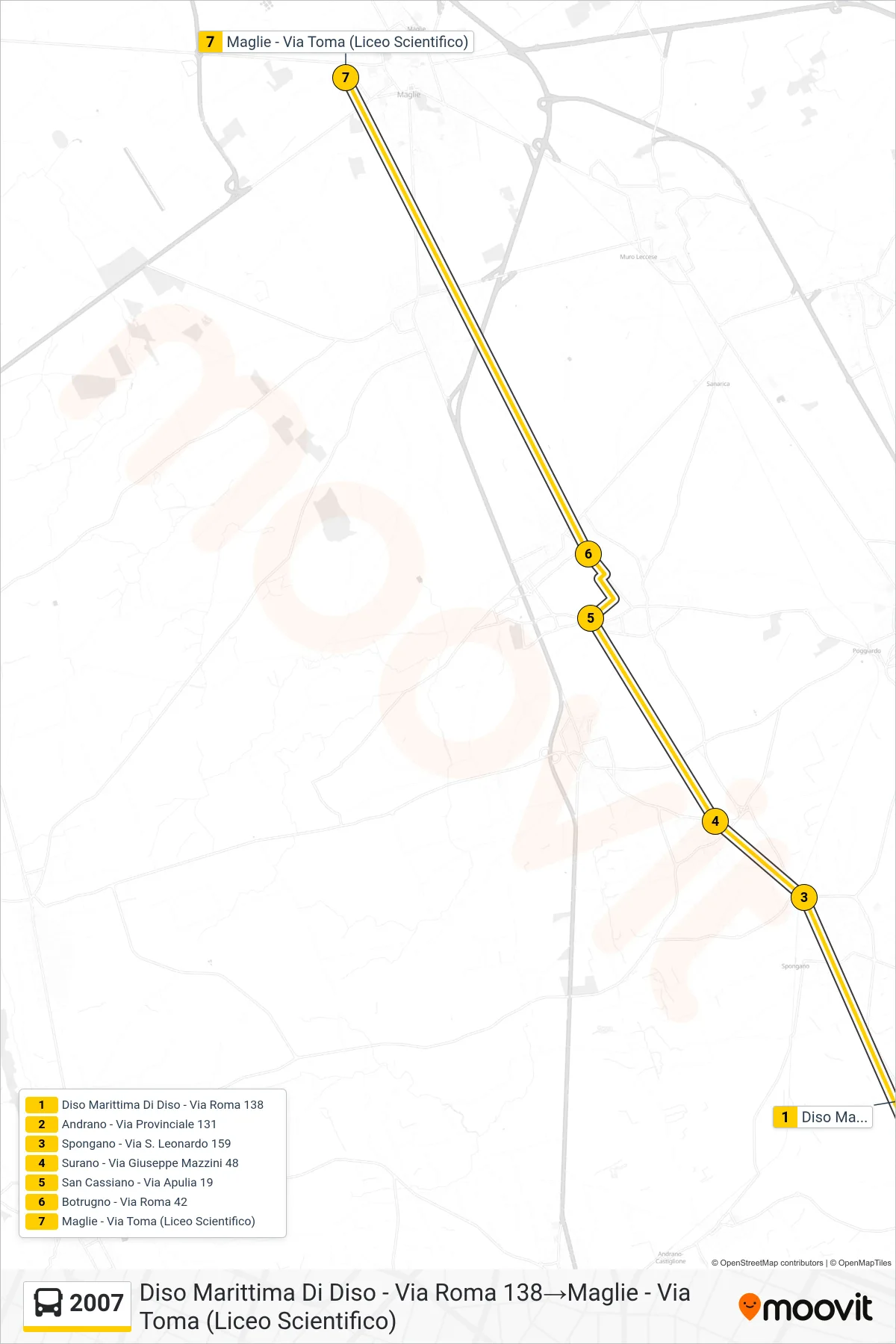 Linea 2007 bus (Diso Marittima Di Diso - Via Roma 138→Maglie - Via Toma (Liceo Scientifico)) - Percorsi e fermate sulla mappa