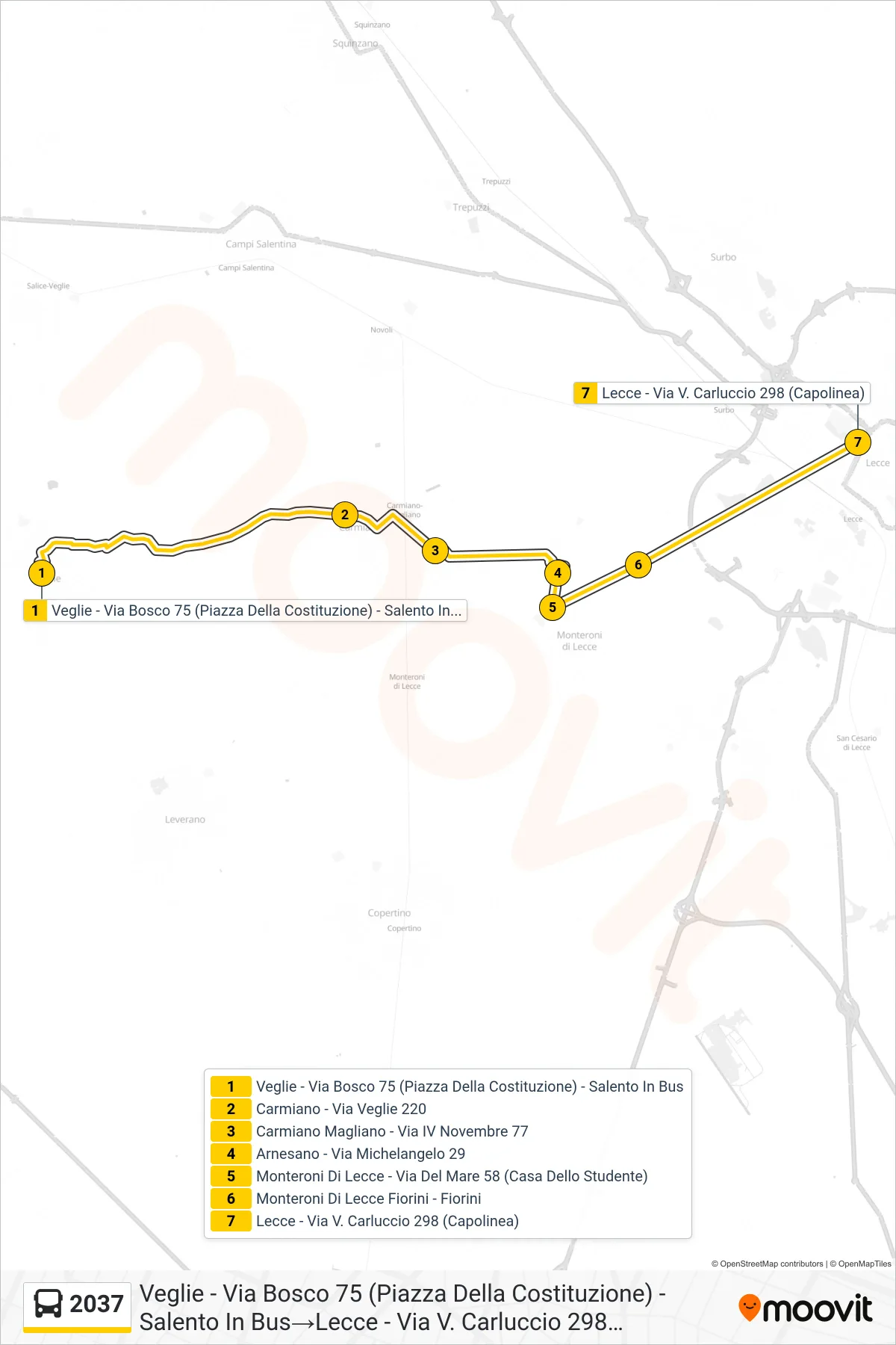 Linea 2037 bus (Veglie - Via Bosco 75 (Piazza Della Costituzione) - Salento In Bus→Lecce - Via V. Carluccio 298 (Capolinea)) - Percorsi e fermate sulla mappa