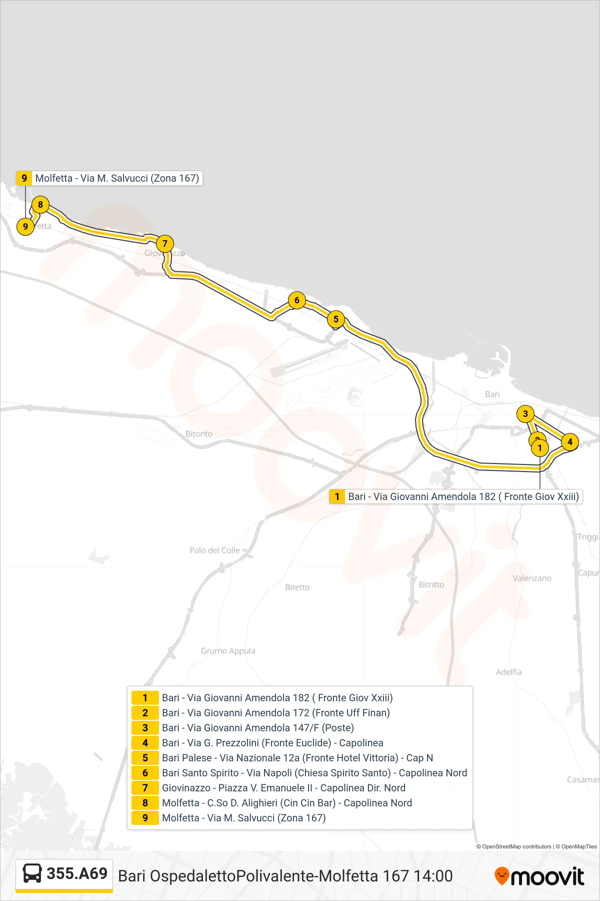 Linea 355.A69 bus (Bari - Via Giovanni Amendola 182 ( Fronte Giov Xxiii)→Molfetta - Via M. Salvucci (Zona 167)) - Percorsi e fermate sulla mappa