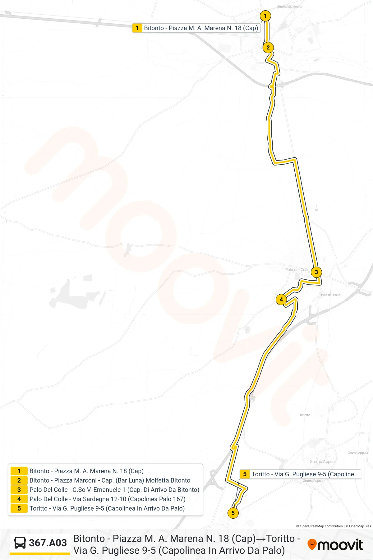 Linea 367.A03  bus (Bitonto - Piazza M. A. Marena N. 18 (Cap)‎→Toritto - Via G. Pugliese 9-5 (Capolinea In Arrivo Da Palo)) - Percorsi e fermate sulla mappa
