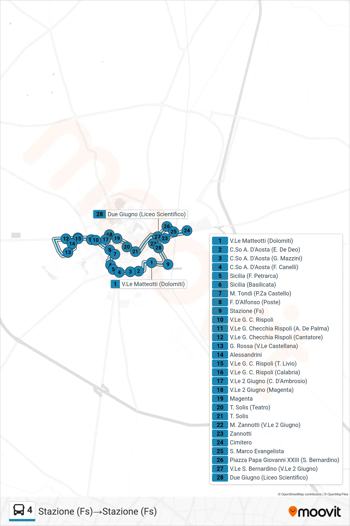 Linea 4  bus (Stazione (Fs)‎→Stazione (Fs)) - Percorsi e fermate sulla mappa