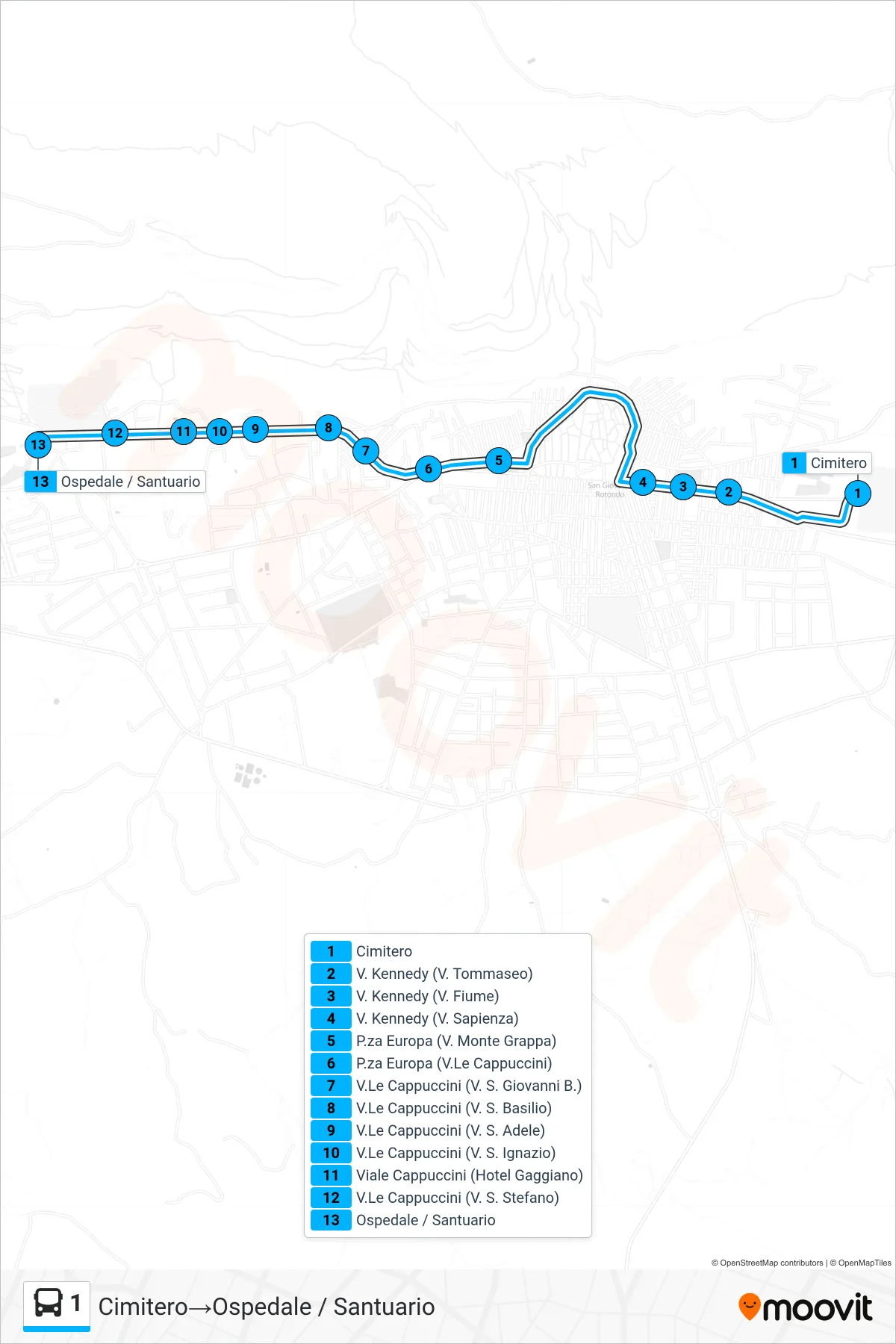 Linea 1 bus (Cimitero→Ospedale / Santuario) - Percorsi e fermate sulla mappa