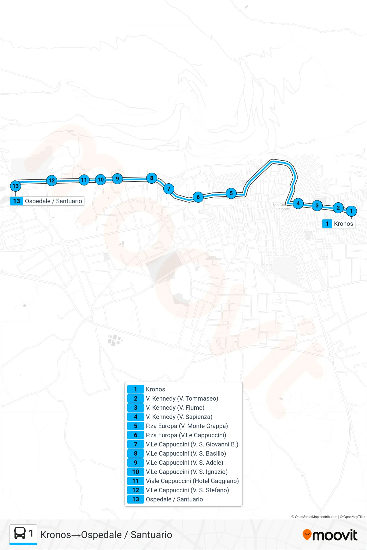 Linea 1  bus (Kronos‎→Ospedale / Santuario) - Percorsi e fermate sulla mappa
