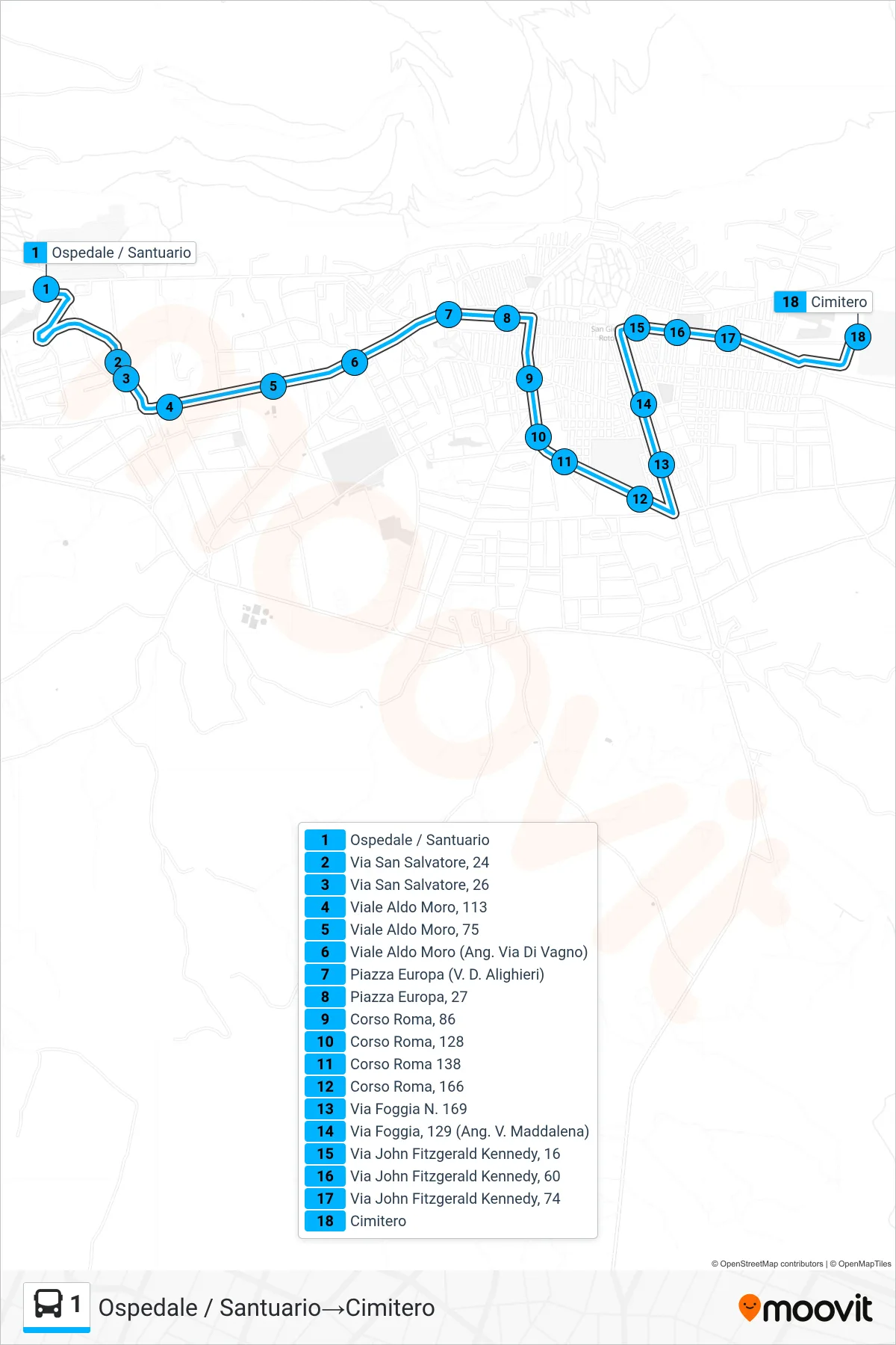Linea 1 bus (Ospedale / Santuario→Cimitero) - Percorsi e fermate sulla mappa