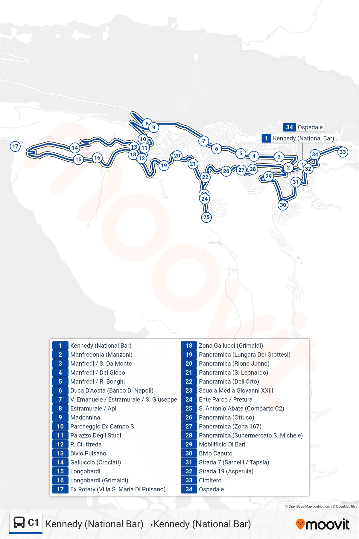 Linea C1 bus (Kennedy (National Bar)→Kennedy (National Bar)) - Percorsi e fermate sulla mappa