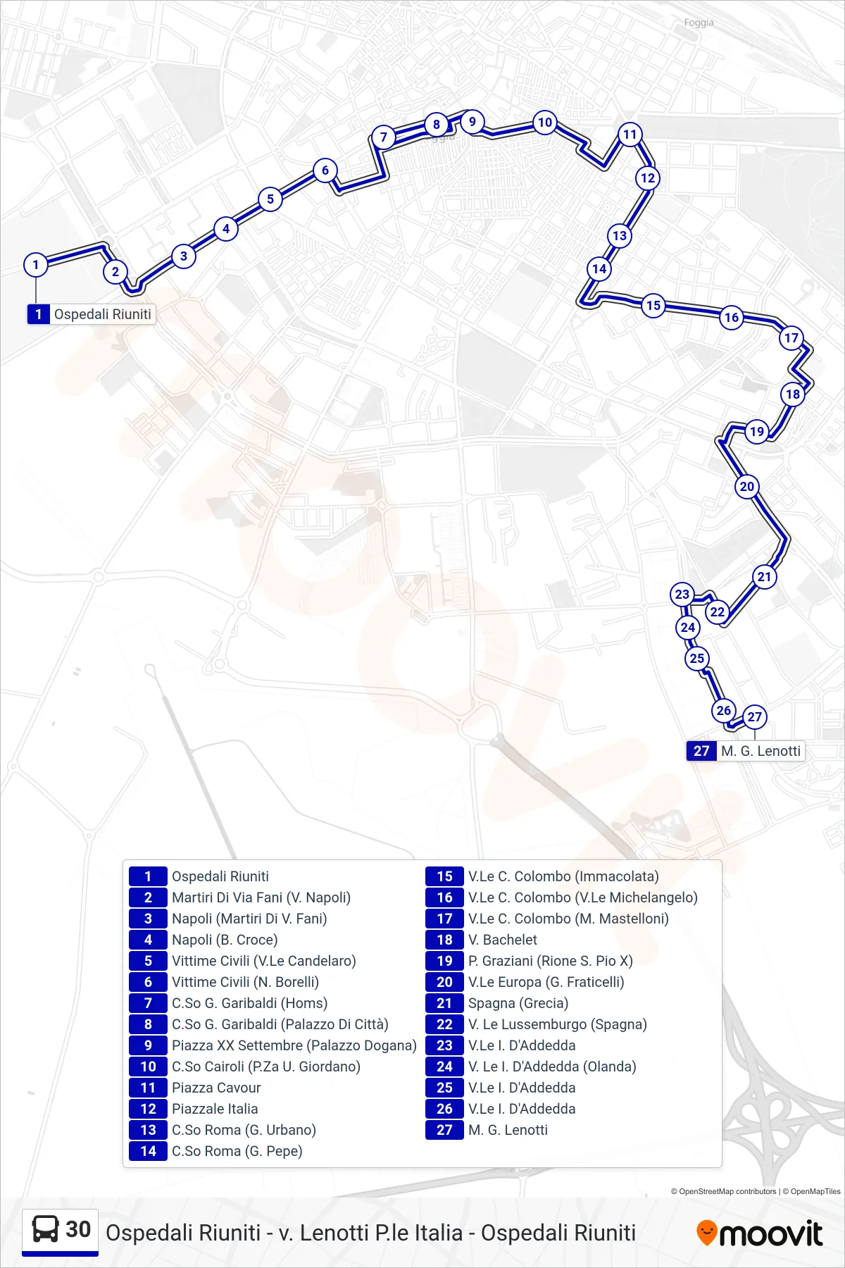 Linea 30  bus (Ospedali Riuniti‎→M. G. Lenotti) - Percorsi e fermate sulla mappa