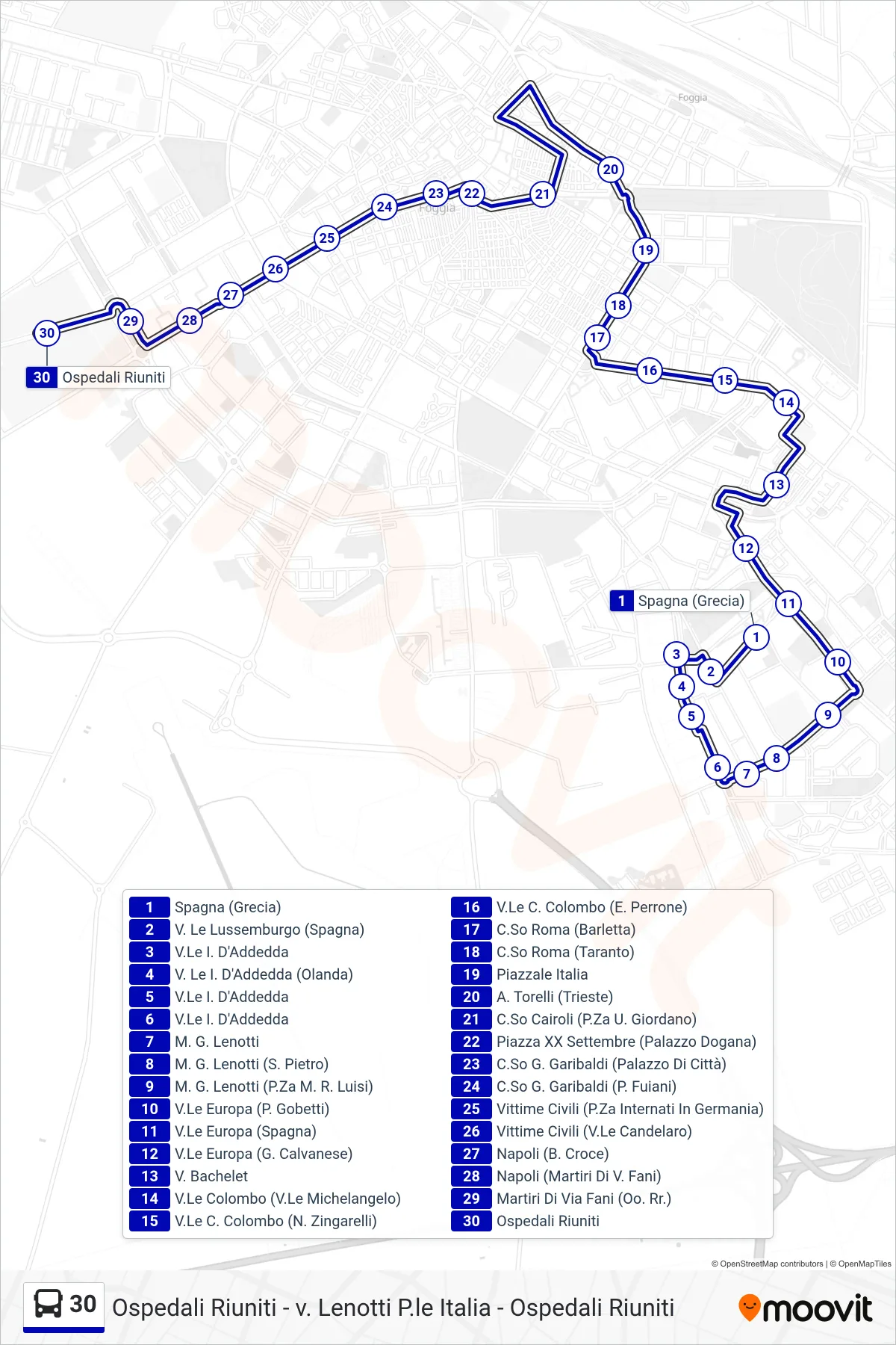 Linea 30  bus (Spagna (Grecia)‎→Ospedali Riuniti) - Percorsi e fermate sulla mappa