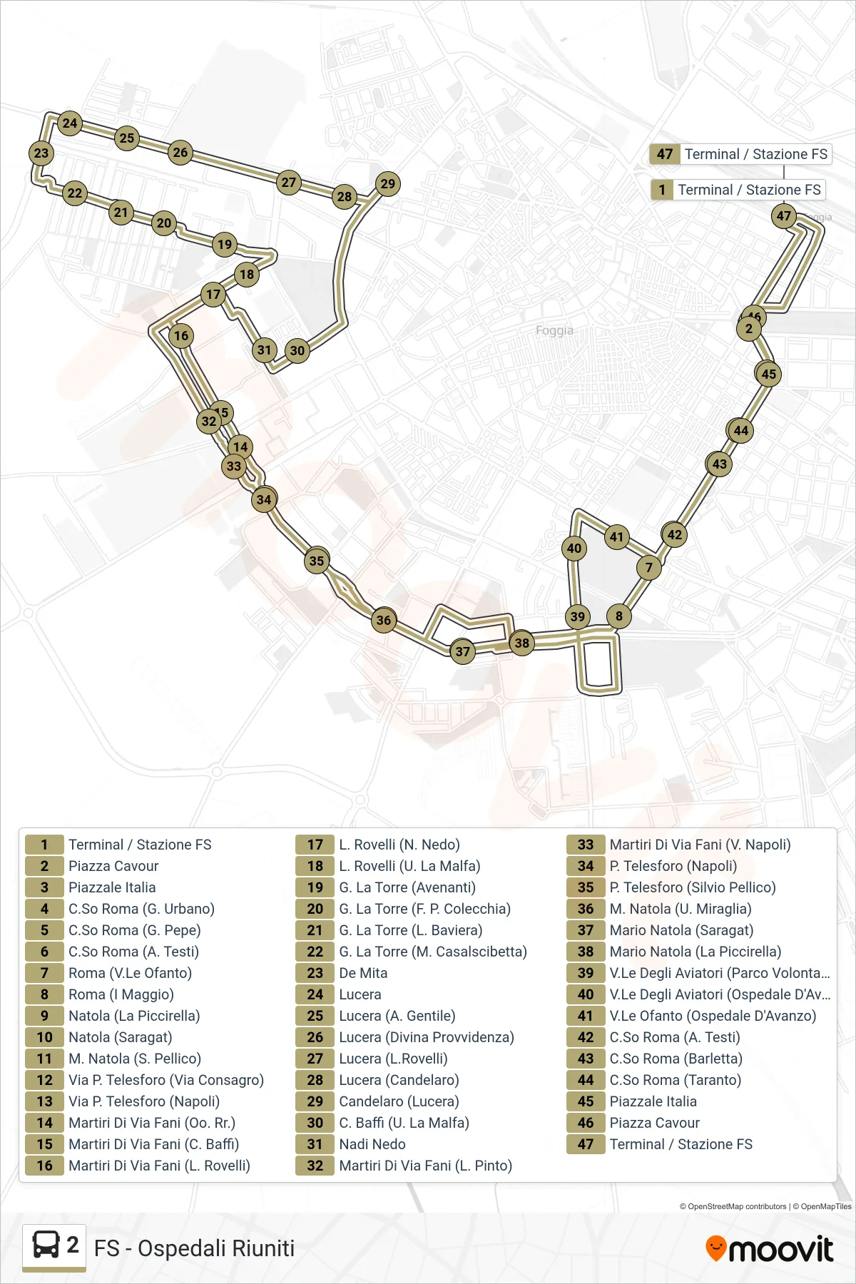 Linea 2 bus (Terminal / Stazione FS→Terminal / Stazione FS) - Percorsi e fermate sulla mappa