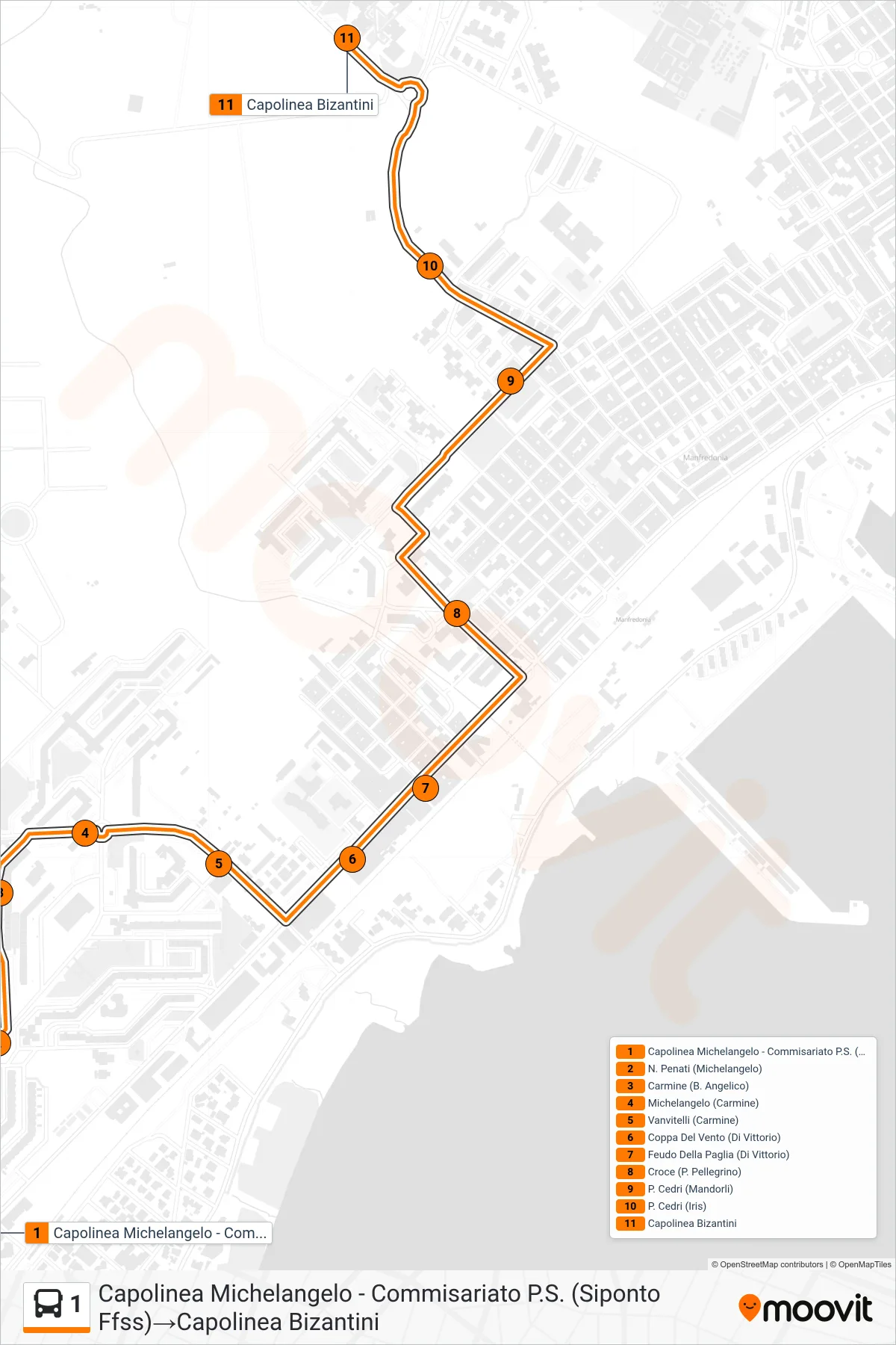 Linea 1  bus (Capolinea Michelangelo - Commisariato P.S. (Siponto Ffss)‎→Capolinea Bizantini) - Percorsi e fermate sulla mappa