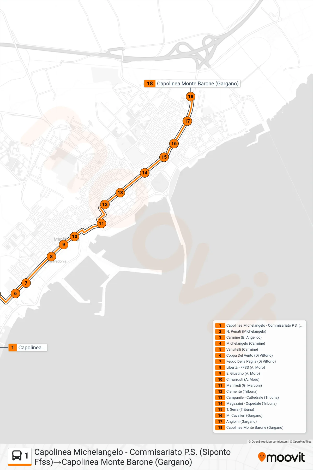Linea 1  bus (Capolinea Michelangelo - Commisariato P.S. (Siponto Ffss)‎→Capolinea Monte Barone (Gargano)) - Percorsi e fermate sulla mappa