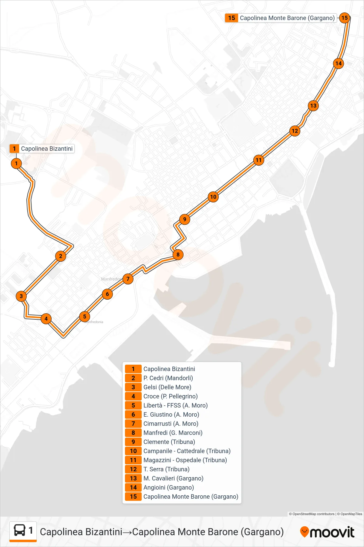 Linea 1 bus (Capolinea Bizantini→Capolinea Monte Barone (Gargano)) - Percorsi e fermate sulla mappa