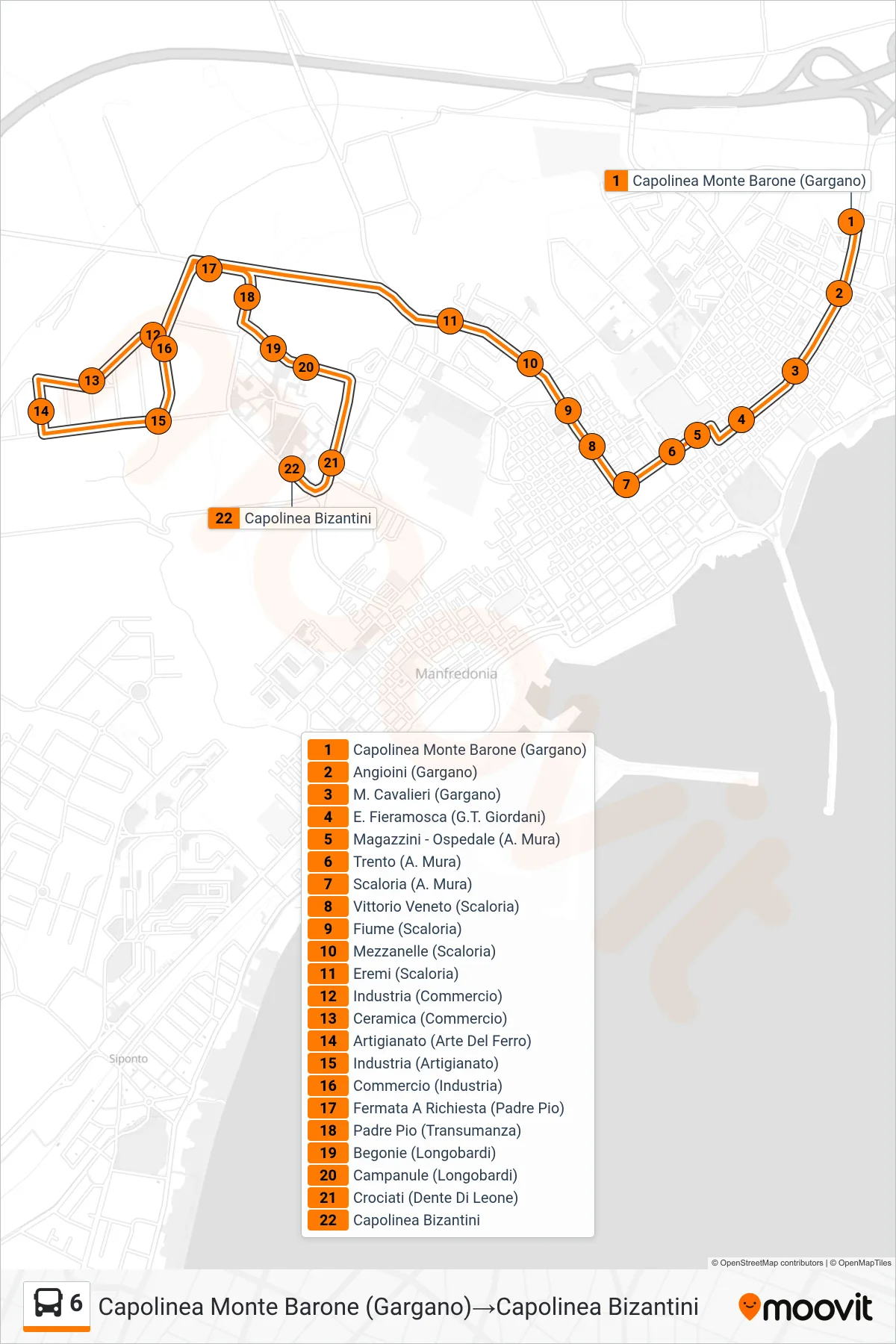 Linea 6 bus (Capolinea Monte Barone (Gargano)→Capolinea Bizantini) - Percorsi e fermate sulla mappa