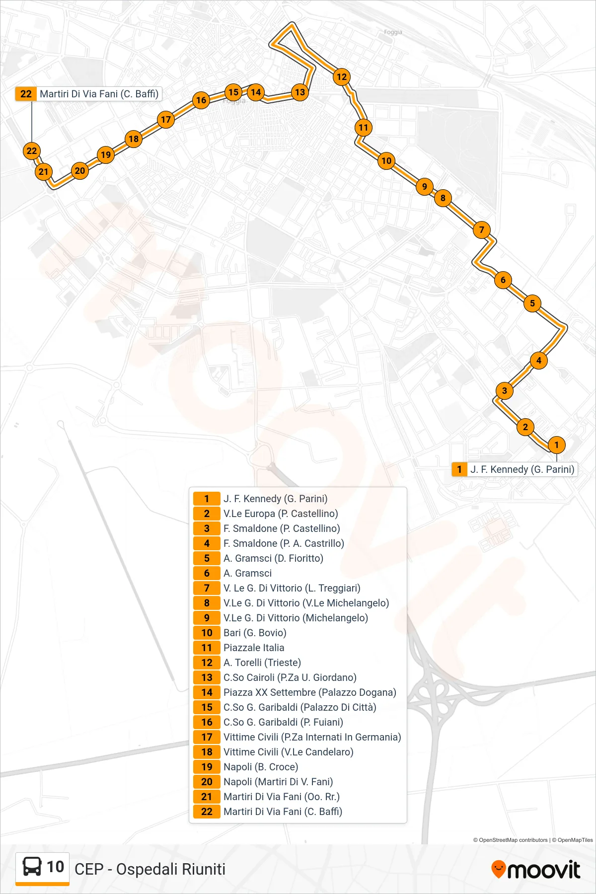 Linea 10 bus (J. F. Kennedy (G. Parini)→Martiri Di Via Fani (C. Baffi)) - Percorsi e fermate sulla mappa